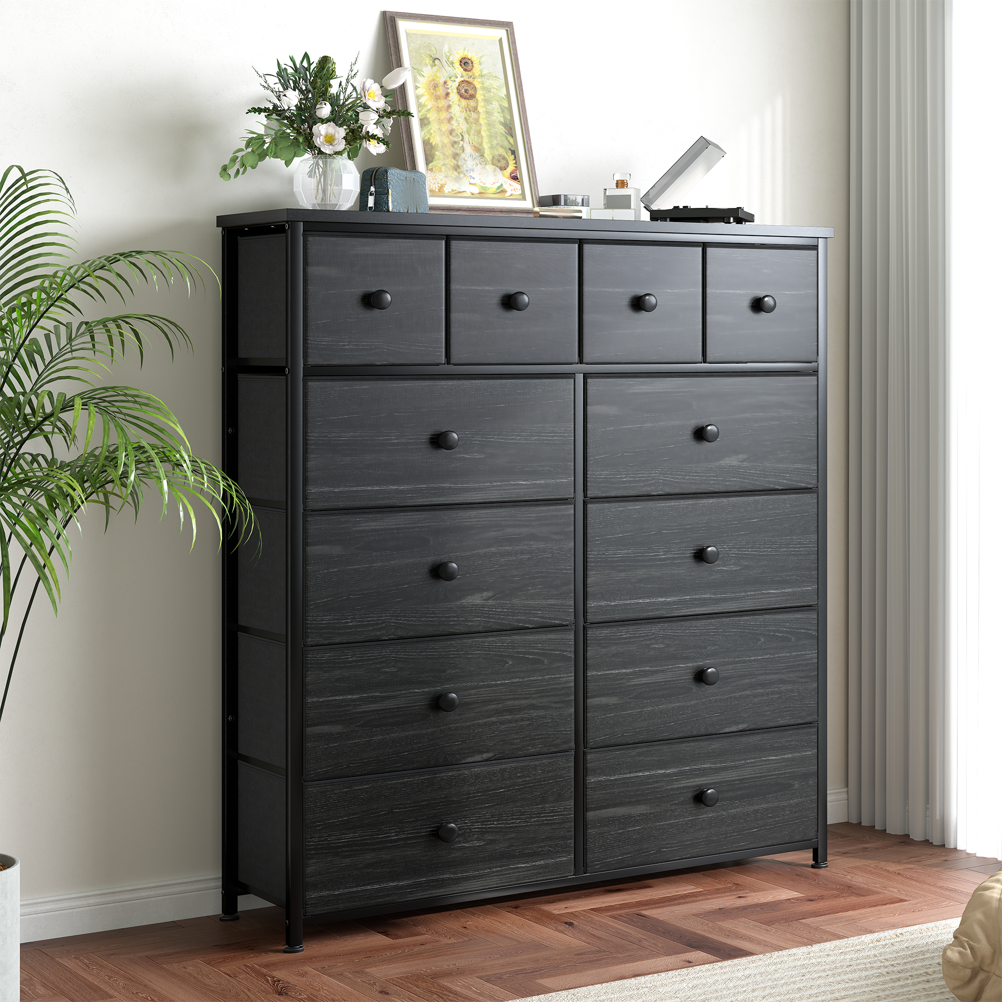 Snhomee 12-Drawer Tall Dresser for Bedroom  - Fabric & Metal Storage Organizer with Wood Top, Anti-Tip Design, Space-Saving, Closet, Entryway, Dorm Furniture, Back to school