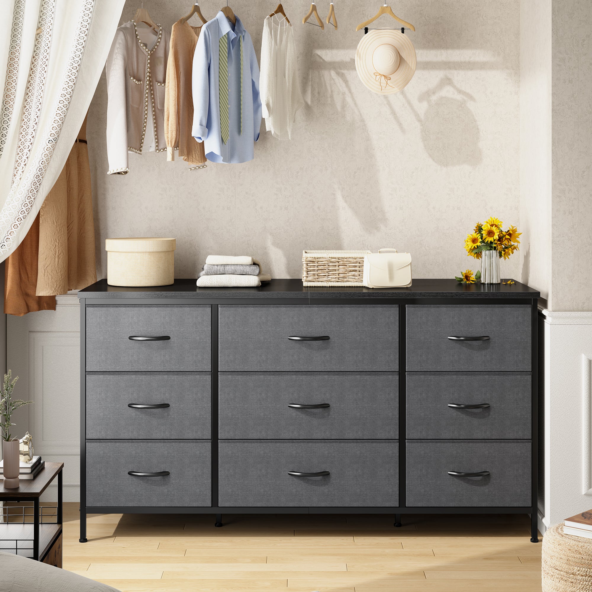 Snhomee Dresser TV Stand with 9 Drawers, Sturdy Metal Frame & Wood Top, Bedroom, Living Room, Hallway, Dorm room essentials, Back to school TV Stand Drawers