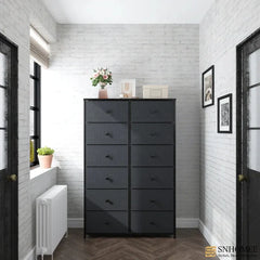Tall Dresser for Bedroom with 12 Drawers, Wooden Top and Metal Frame, Fabric Bedroom Dressers & Chests of Drawers, Dark Grey-Furniture > Dresser-snhomee