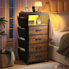 Bedside Table with Charging Station & LED Lights - Nightstand, 4-Drawer Fabric Dresser Organizer with Pockets for Bedroom/Closet/Hallway (Brown)-Brown-1-snhomee