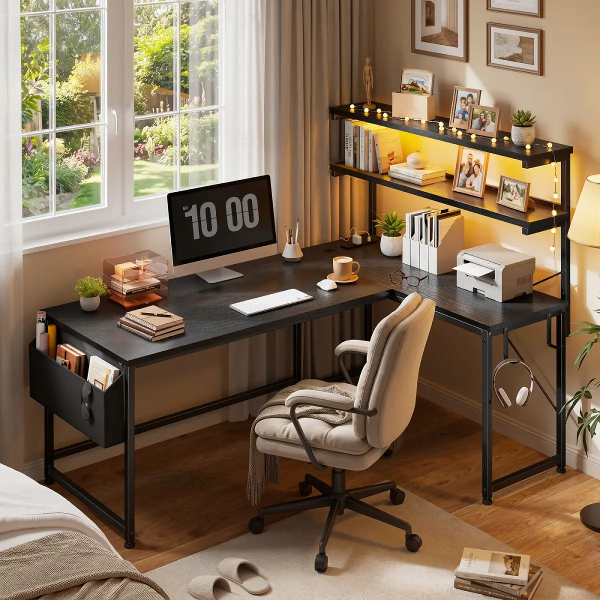 Snhomee L-Shaped Computer Desk with 2-Tier Storage Shelf, Built-in LED Lights & Power Outlets, Reversible Gaming Desk for Bedroom or Home Office, Easy Assembly