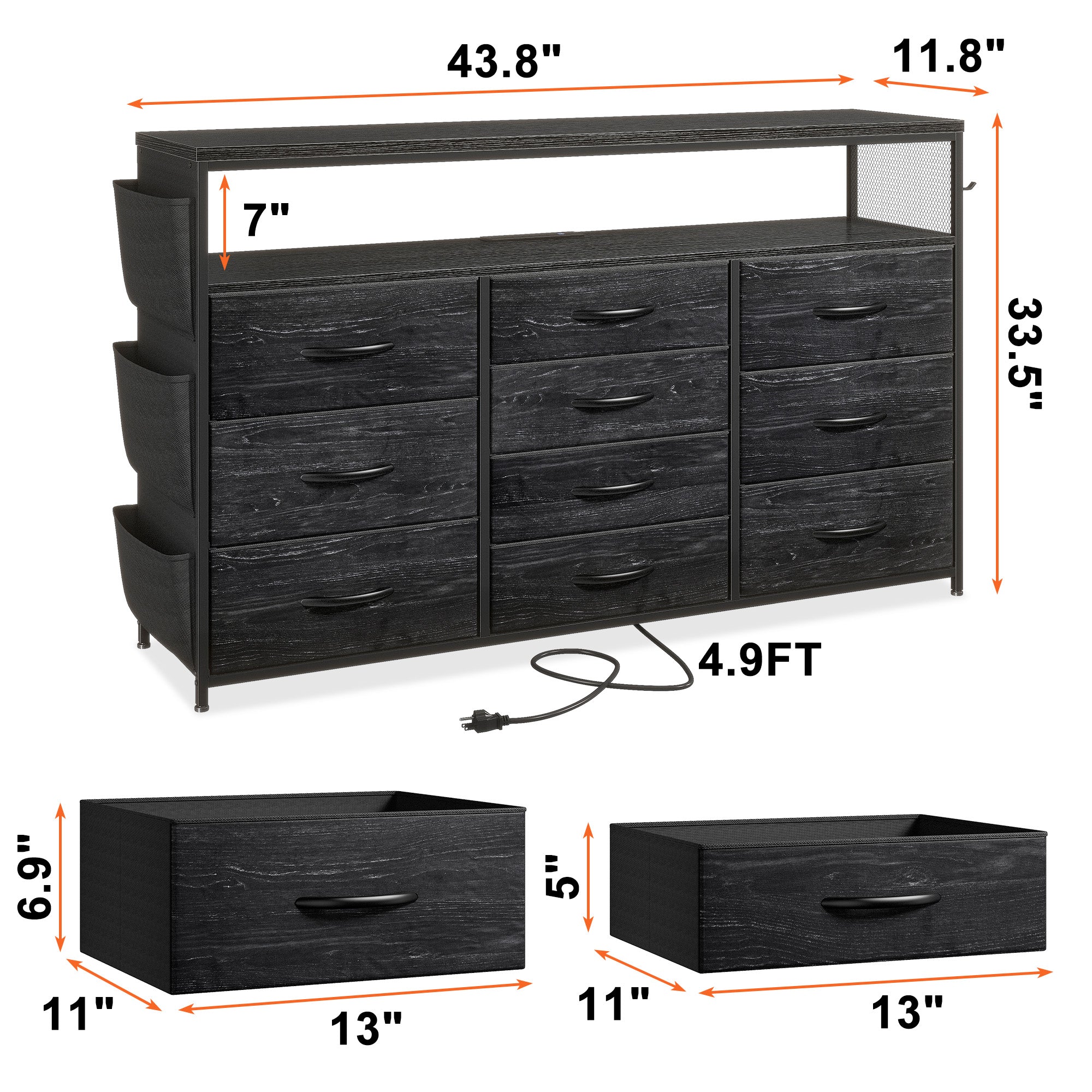 55" Smart TV Stand & Dresser | 10-Drawer Storage with LED Lights & Outlets | Metal/Wood Frame-Black-snhomee