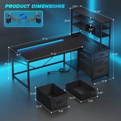 Snhomee L-Shaped Computer Desk with Drawers, 3-Tier Storage Shelves, LED & Charging Station, Reversible Corner Gaming Desk for Home Office