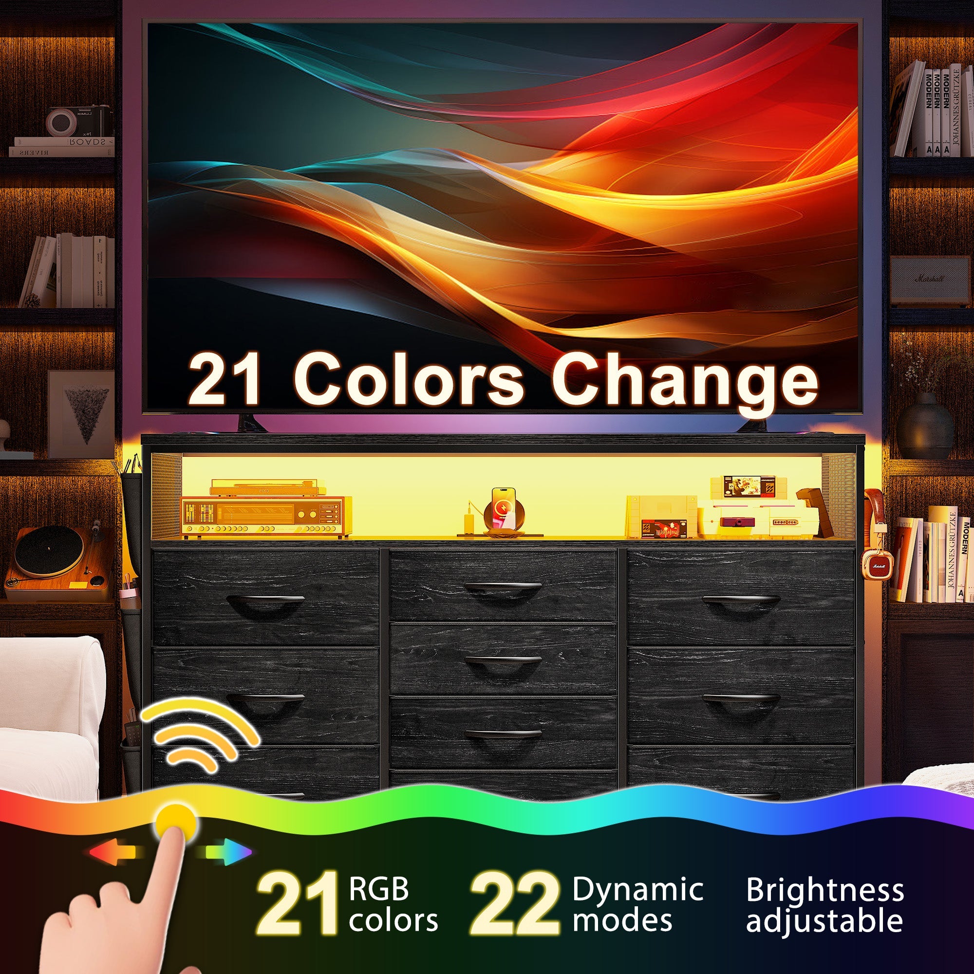 55" Smart TV Stand & Dresser | 10-Drawer Storage with LED Lights & Outlets | Metal/Wood Frame-Black-snhomee