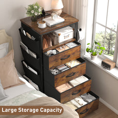 Bedside Table with Charging Station & LED Lights - Nightstand, 4-Drawer Fabric Dresser Organizer with Pockets for Bedroom/Closet/Hallway (Brown)-Brown-1-snhomee