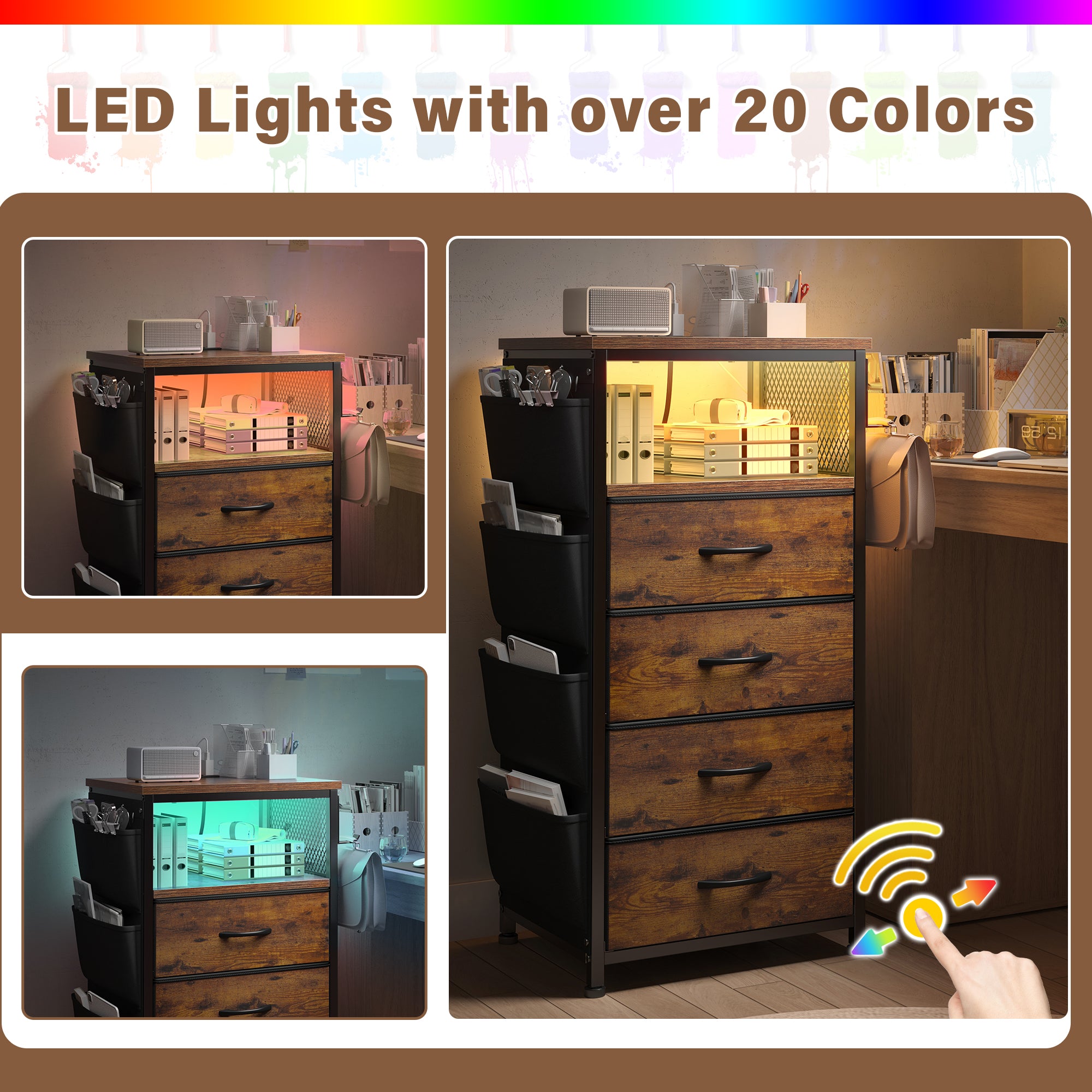 Bedside Table with Charging Station & LED Lights - Nightstand, 4-Drawer Fabric Dresser Organizer with Pockets for Bedroom/Closet/Hallway (Brown)-Brown-1-snhomee