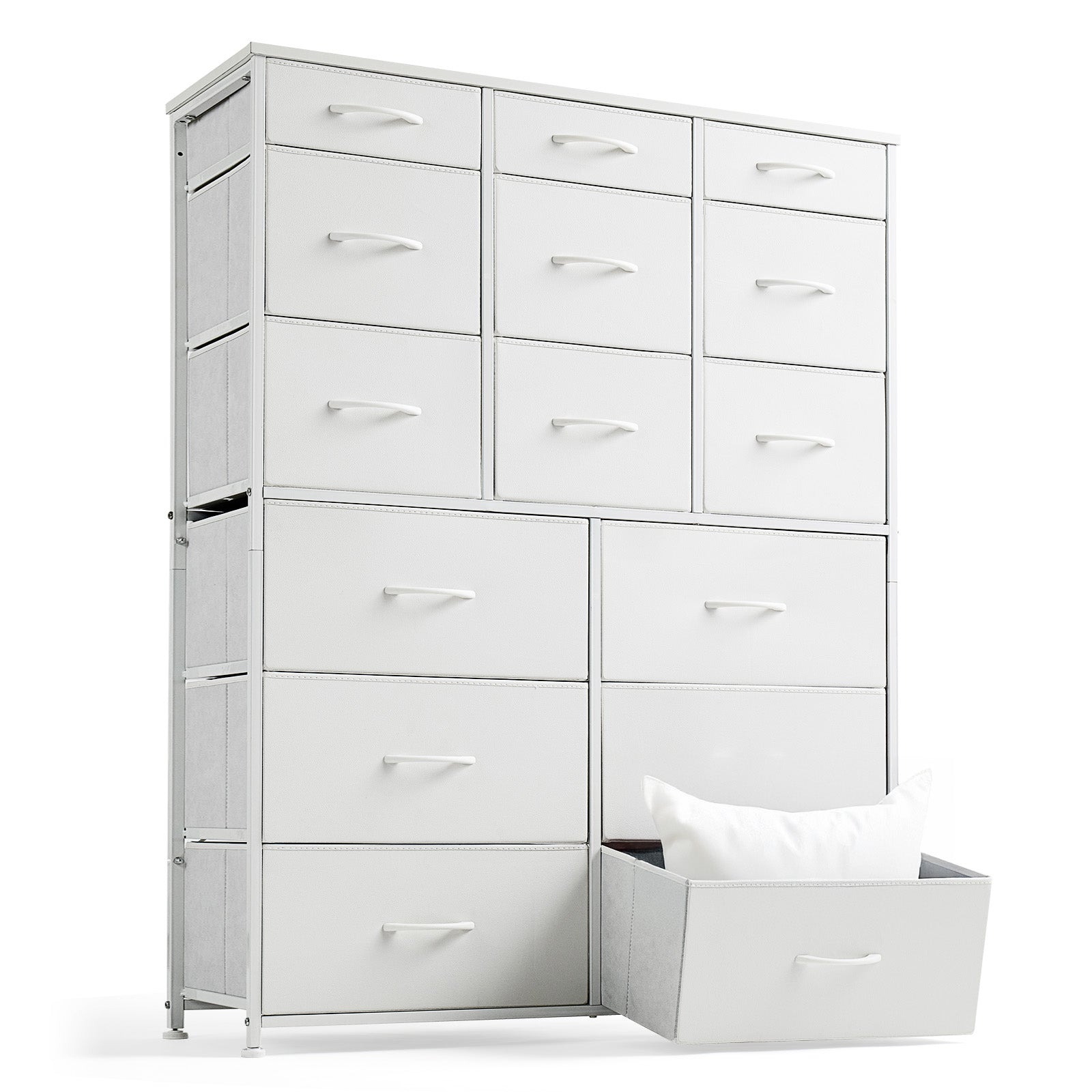 Dresser for Bedroom with 15 Drawers, Sturdy Metal Frame & Wood Top, Top Large Fabric Chest of Drawers, Closet, Livingroom-Furniture > Dresser-37.8"W x 11.8"D x 52.4"H-White-snhomee
