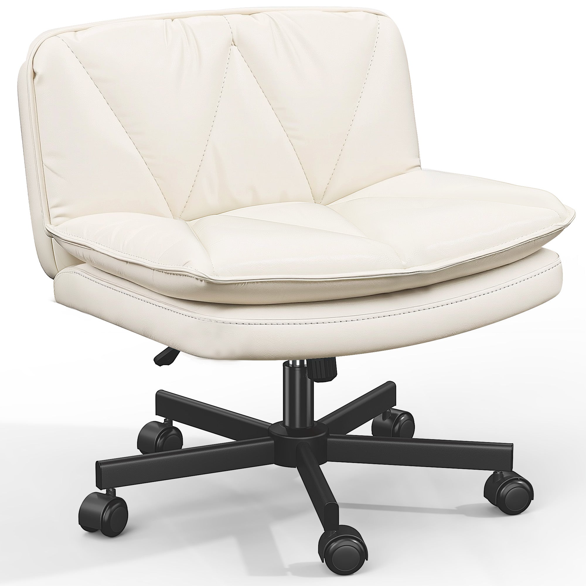 Ergonomic Cross-Legged Office Chair – 27" Wide PU Leather Seat, Adjustable Height & Swivel, Armless Design with 2-Layer Cushion & Wheels for Home Office or Vanity