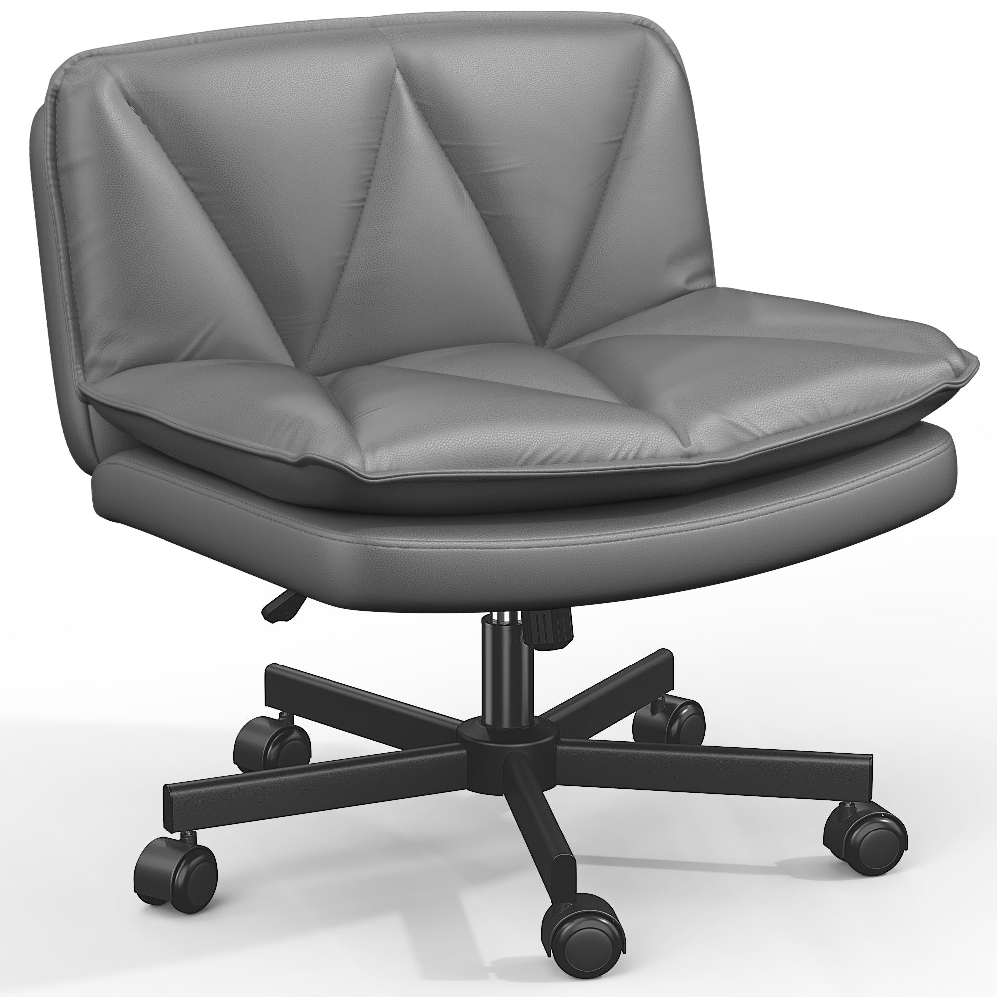 Ergonomic Cross-Legged Office Chair – 27" Wide PU Leather Seat, Adjustable Height & Swivel, Armless Design with 2-Layer Cushion & Wheels for Home Office or Vanity