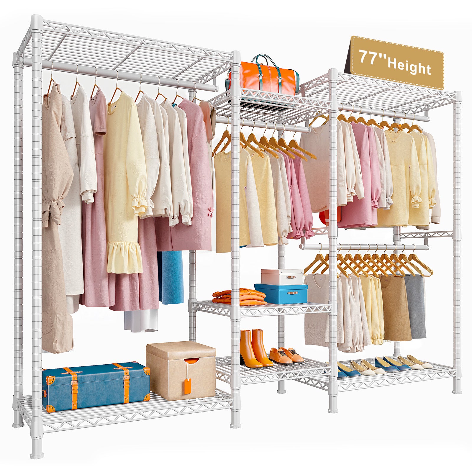 Clothing Racks for Hanging Clothes, Heavy Duty Clothes Rack Load 725LBS, Adjustable Metal Wardrobe Closet, White-Clothing & Closet Storage-snhomee