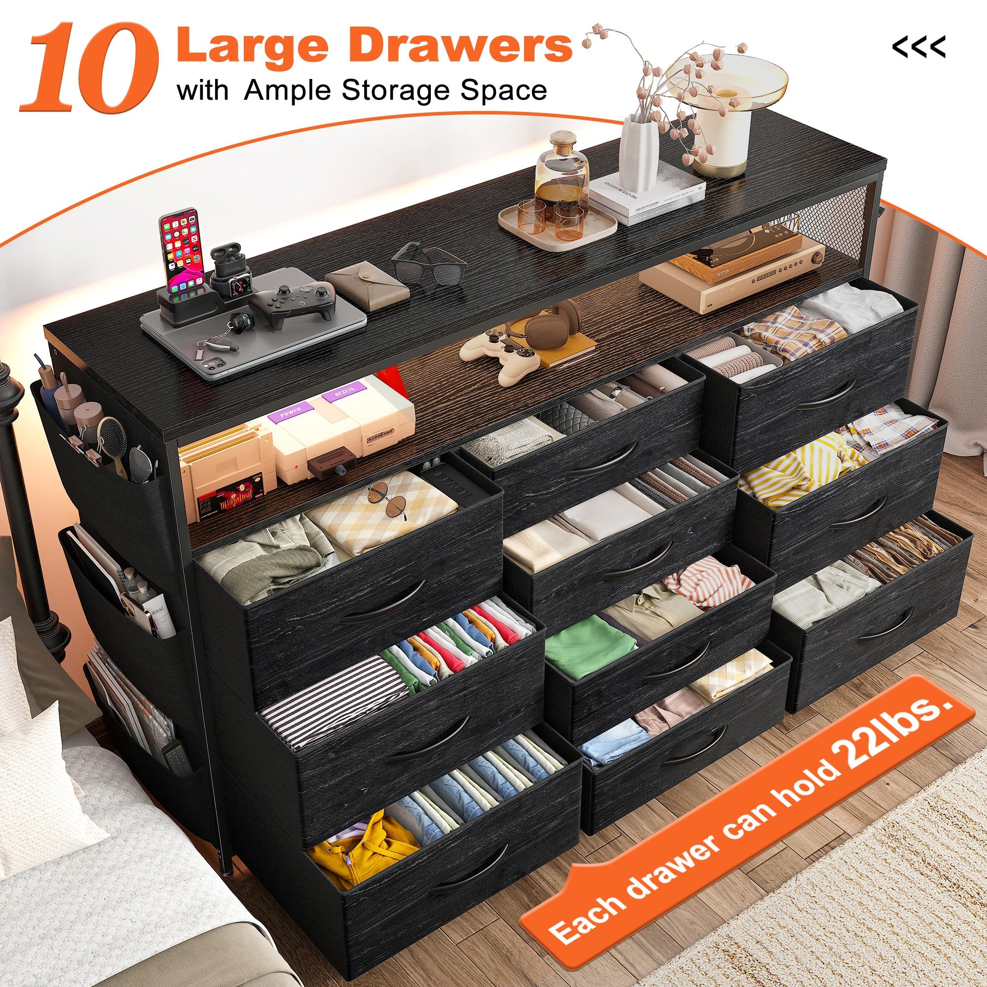 55" Smart TV Stand & Dresser | 10-Drawer Storage with LED Lights & Outlets | Metal/Wood Frame-Black-snhomee