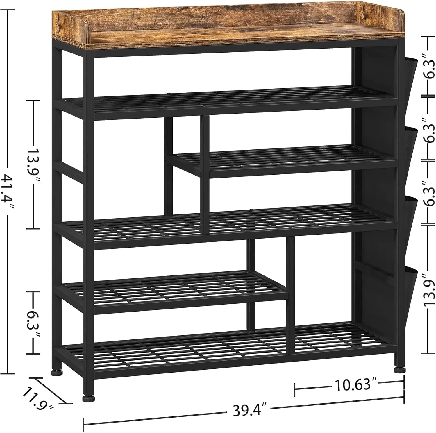 Snhomee  6 Tier Metal Shoe Rack for Entryway, Shoe Storage Organizer Holds 20-24 Pairs, Wooden Top and Side Pocket for Entry, Entrance, Hallway, Dormitory