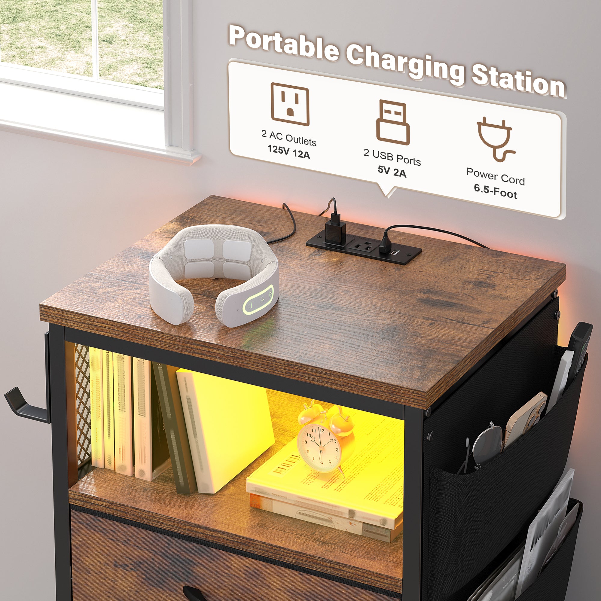 Bedside Table with Charging Station & LED Lights - Nightstand, 4-Drawer Fabric Dresser Organizer with Pockets for Bedroom/Closet/Hallway (Brown)-Brown-1-snhomee