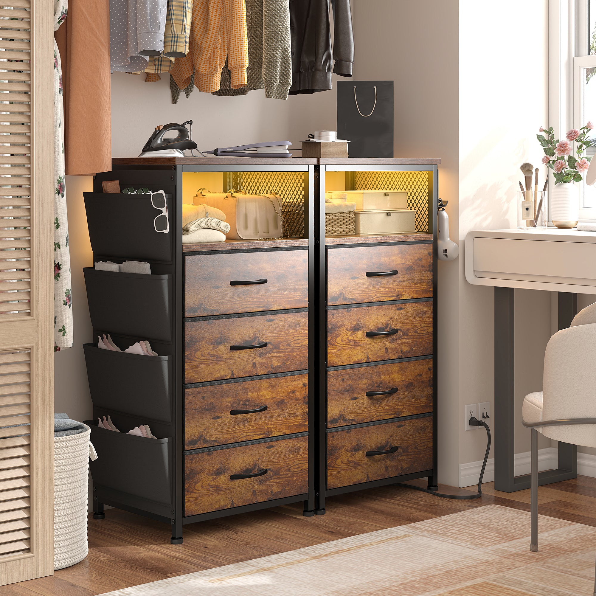 Bedside Table with Charging Station & LED Lights - Nightstand, 4-Drawer Fabric Dresser Organizer with Pockets for Bedroom/Closet/Hallway (Brown)-Brown-1-snhomee