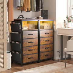 Bedside Table with Charging Station & LED Lights - Nightstand, 4-Drawer Fabric Dresser Organizer with Pockets for Bedroom/Closet/Hallway (Brown)-Brown-1-snhomee