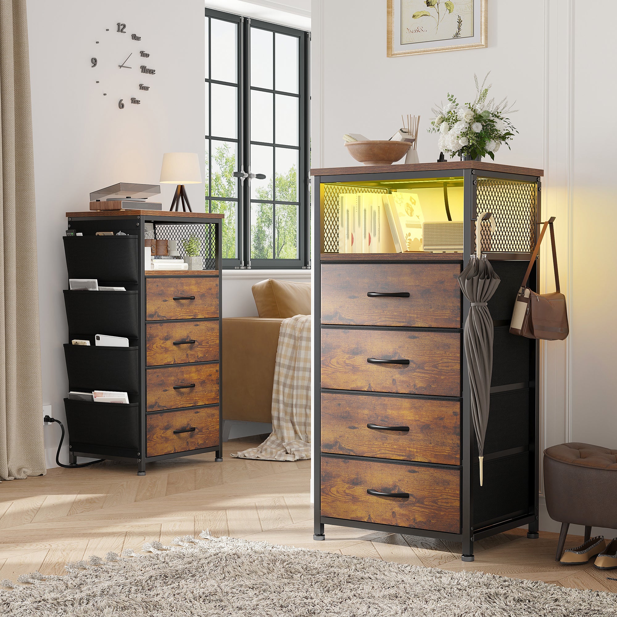 Bedside Table with Charging Station & LED Lights - Nightstand, 4-Drawer Fabric Dresser Organizer with Pockets for Bedroom/Closet/Hallway (Brown)-Brown-1-snhomee