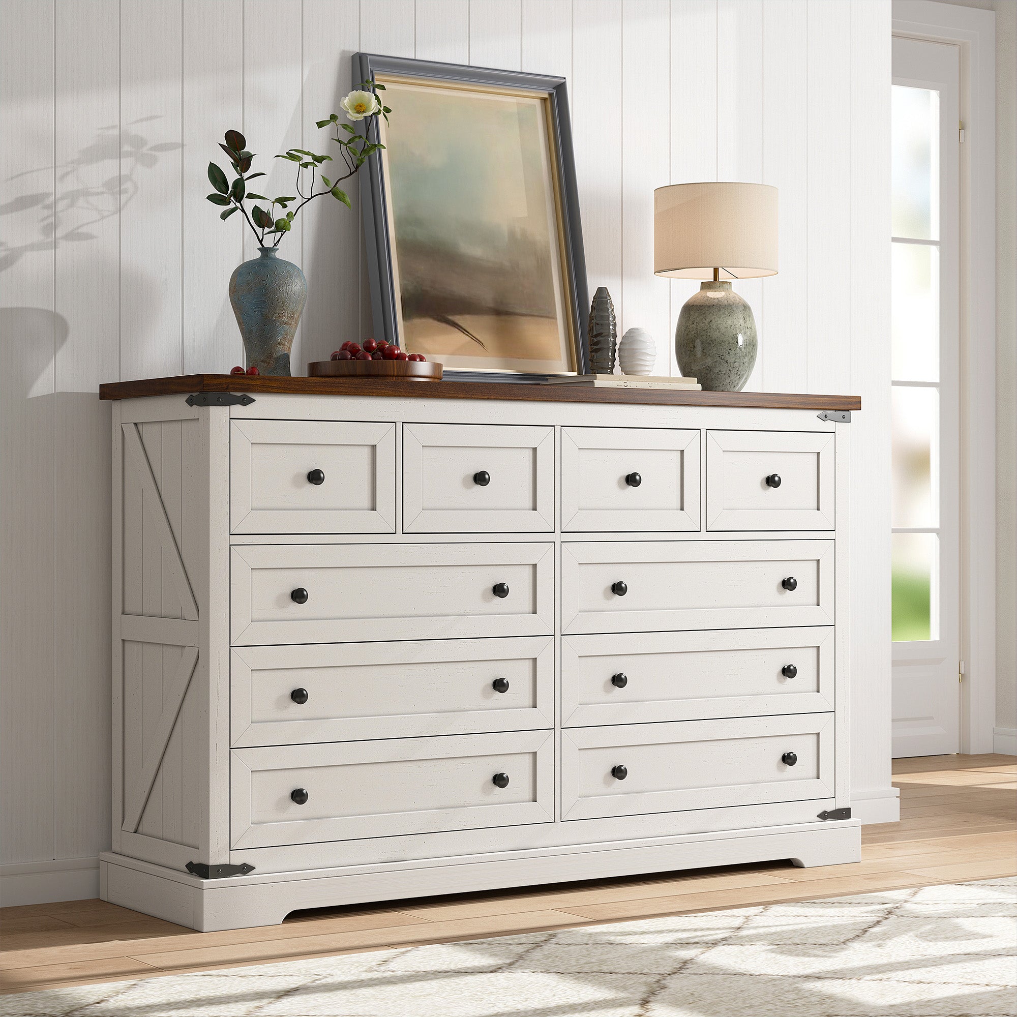 10-Drawer Farmhouse Dresser with Metal Rails - 55" Wide Bedroom Storage & TV Stand, 36"H x 15"D-White-snhomee