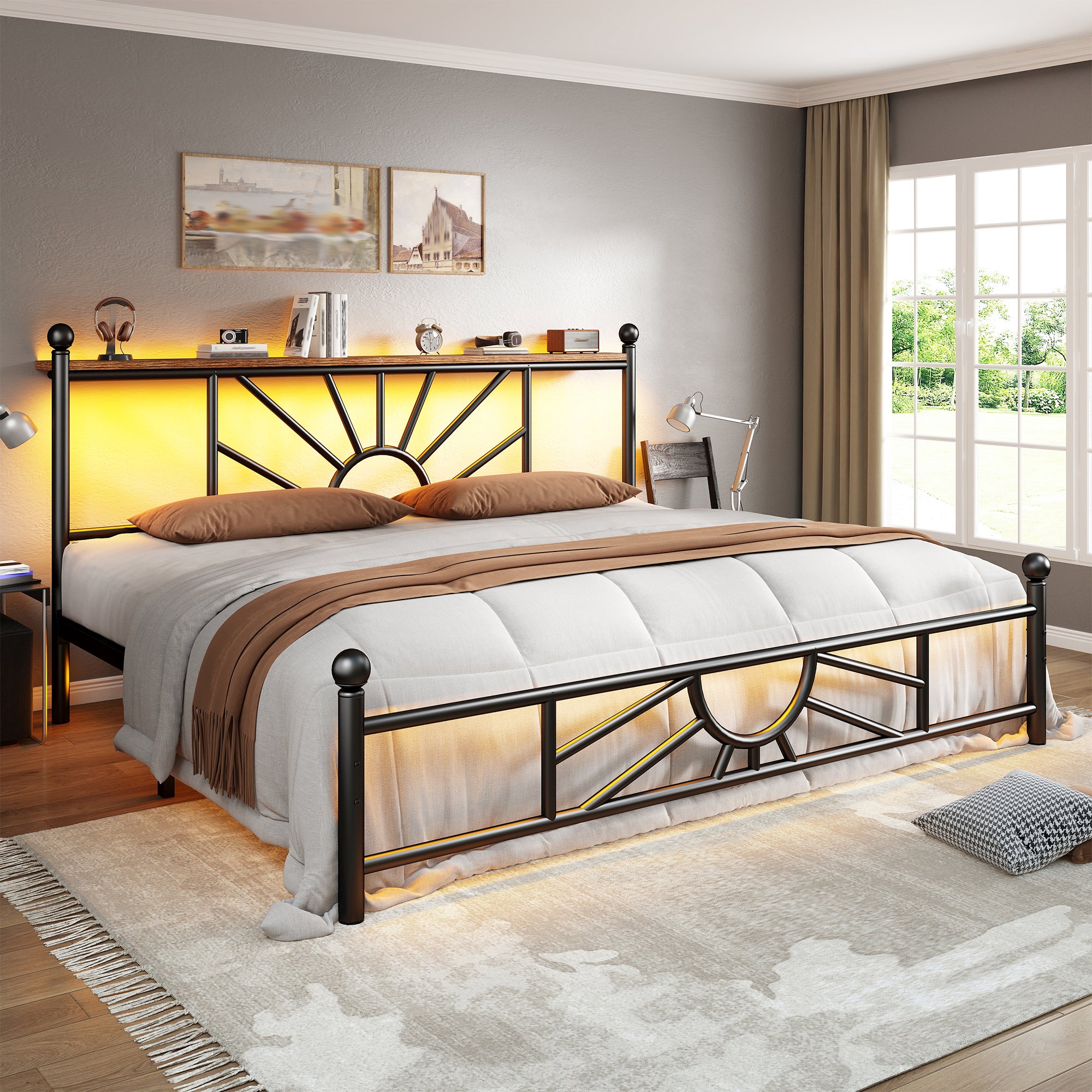 Snhomee Metal Bed Frame with LED Lights Under Headboard&Footboard - 1300LBS Capacity, Underbed Storage, No Box Spring Needed, Noise-Free Design, Back to School Beds Best Choice