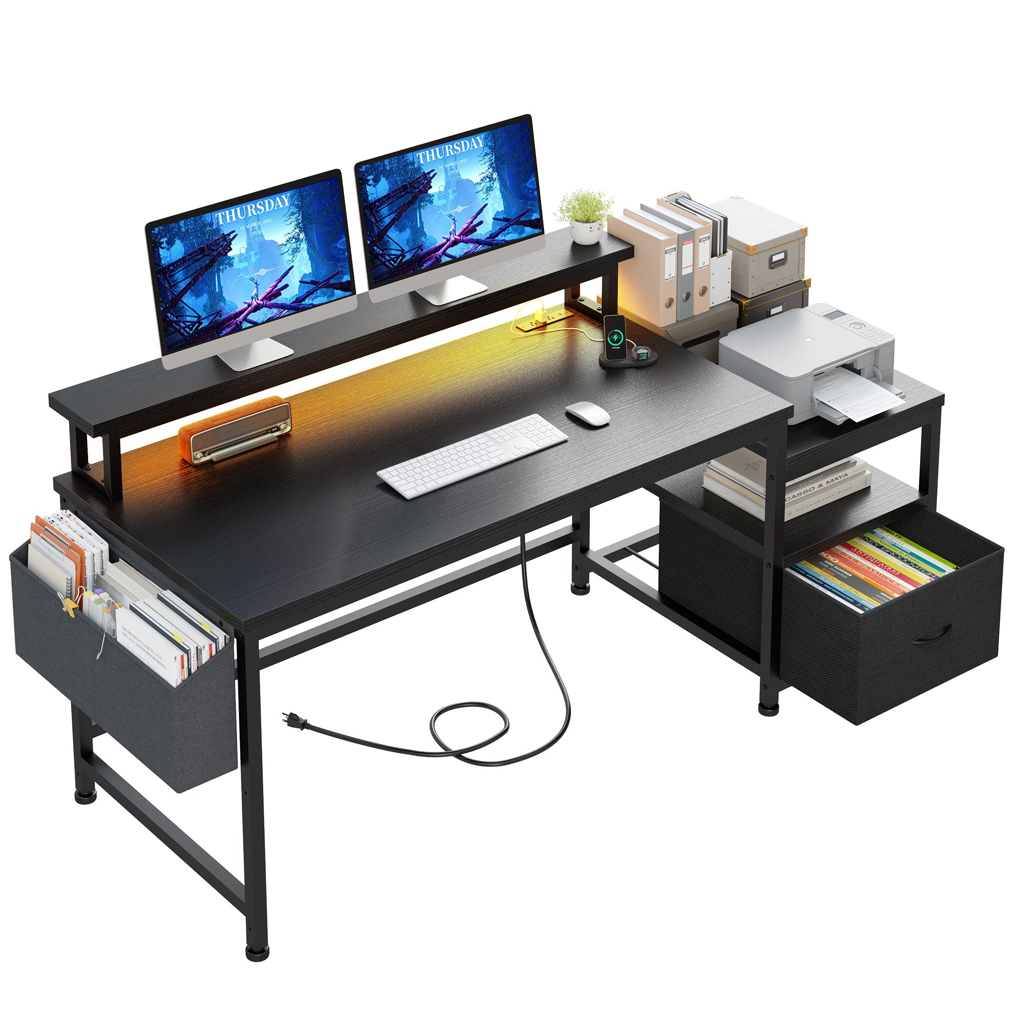 57" Computer Desk with Drawer, Gaming Desk with Moniter Stand, Home Office Desk for Bedroom Dorm