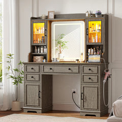 Snhomee Farmhouse Makeup Vanity Desk with LED Mirror & RGB Cabinets – Storaging with Drawers & Shelves, Ideal for Organizing Seasonal Skincare in Bedroom or Dressing Room