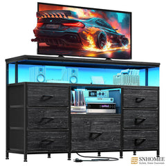 55" Media Entertainment Center Dresser with LED & Power Outlets | 7 Fabric Drawers & Wood Shelves | Bedroom/Living Room TV Stand with Sturdy Metal Frame-Black-snhomee