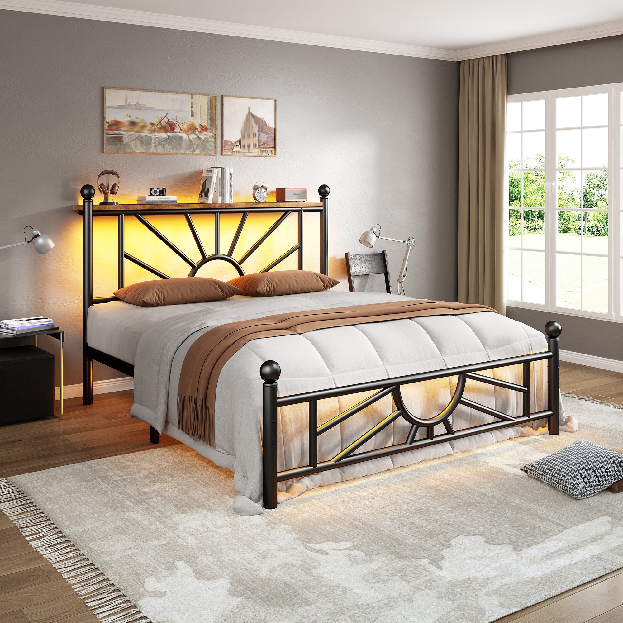 Snhomee Metal Bed Frame with LED Lights Under Headboard&Footboard - 1300LBS Capacity, Underbed Storage, No Box Spring Needed, Noise-Free Design, Back to School Beds Best Choice