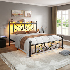 Snhomee Metal Bed Frame with LED Lights Under Headboard&Footboard - 1300LBS Capacity, Underbed Storage, No Box Spring Needed, Noise-Free Design, Back to School Beds Best Choice