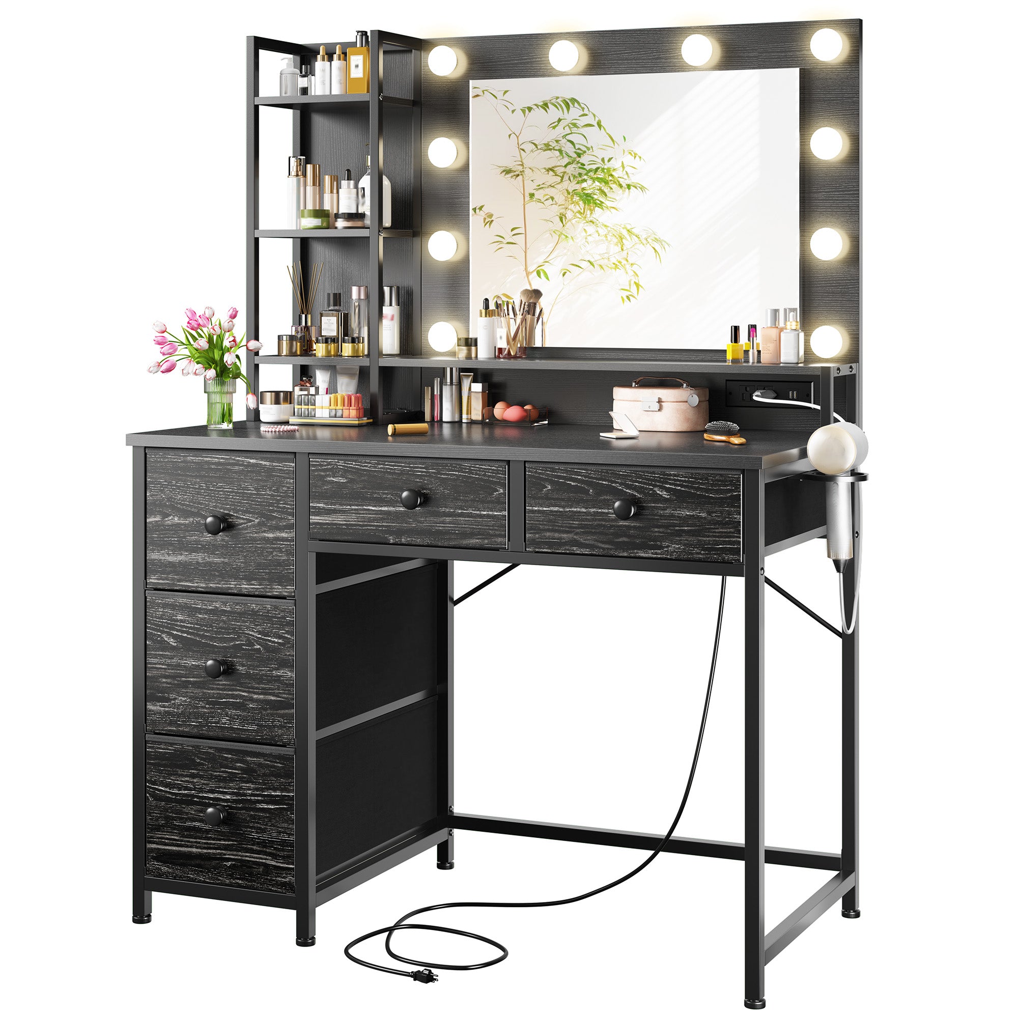 LED Vanity Desk with Mirror, 5 Drawers & Power Outlet - 3 Light Modes, Adjustable Brightness Dressing Table