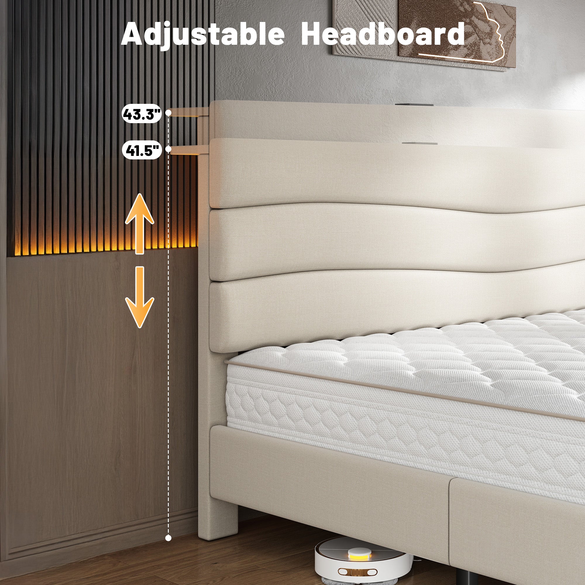 SnHomee Upholstered Bed Frame with Storage Headboard & Charging Station - USB Ports, Adjustable Fabric Headboard, Noise-Free Design, No Box Spring Needed, Back to School Beds On Sale