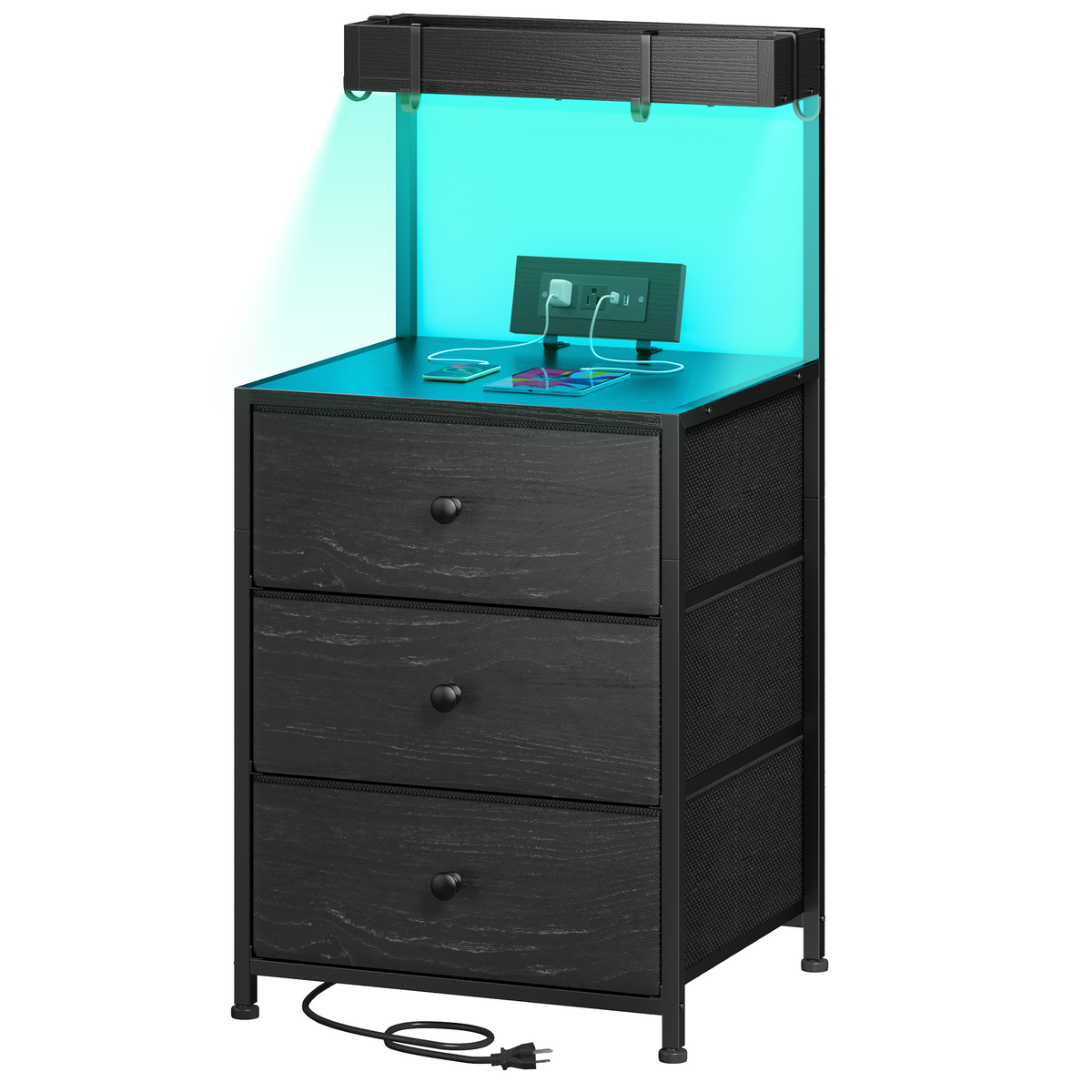 ‌Tall LED Nightstand with Charging Station & 3-Drawer Shelves | Bedside Table with USB/AC Outlets & 4 Hooks-Black-snhomee