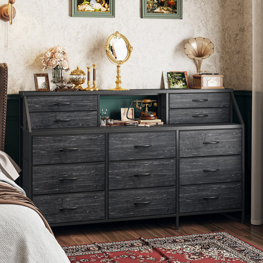Girls Dresser Organizer: 55"W Dresser with 13 Fabric Drawers and 2 Open Shelves, Metal Frame & Wooden Top for Bedroom/Closet