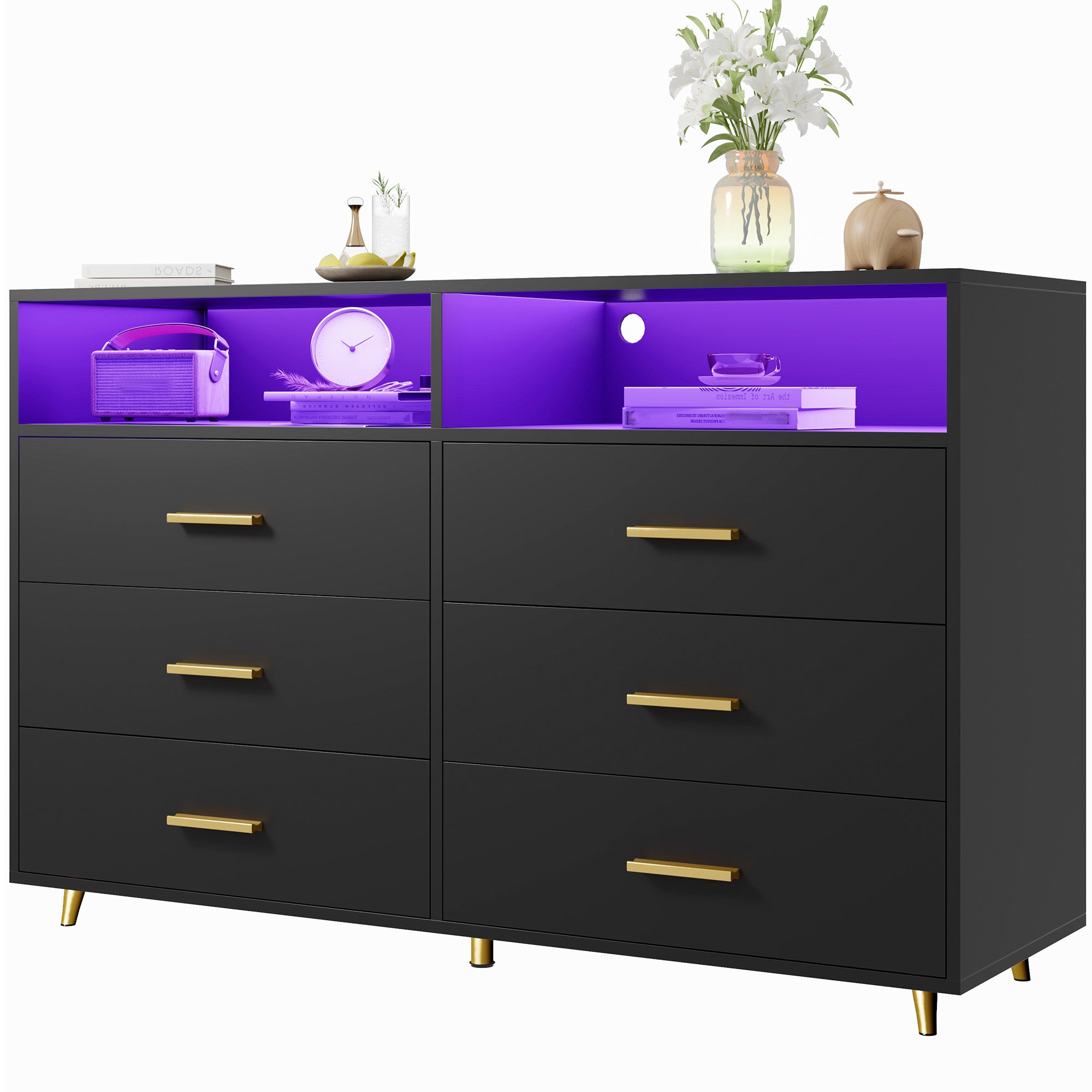 6 Drawers Dresser with LED Lights, Large TV Stand, 2 Open Shelves Top, 47"W Modern Chest with Anti-Tip Safety for Bedroom, Living Room & Small Spaces