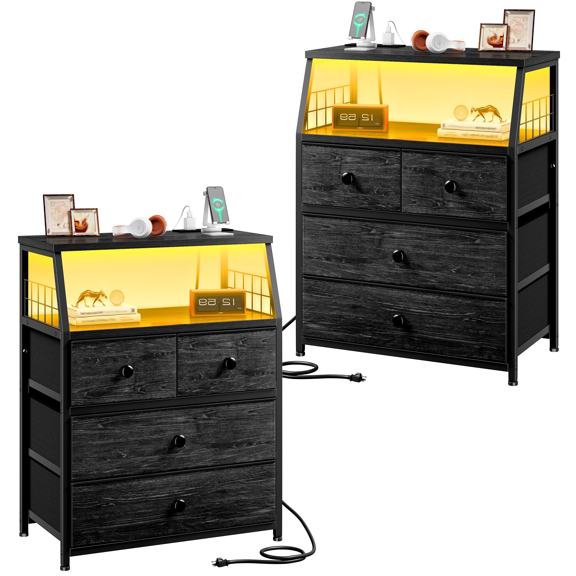 LED Nightstands with Charging Station: 4 Fabric Drawers, USB Ports & Outlets for Bedroom-Black-2-snhomee