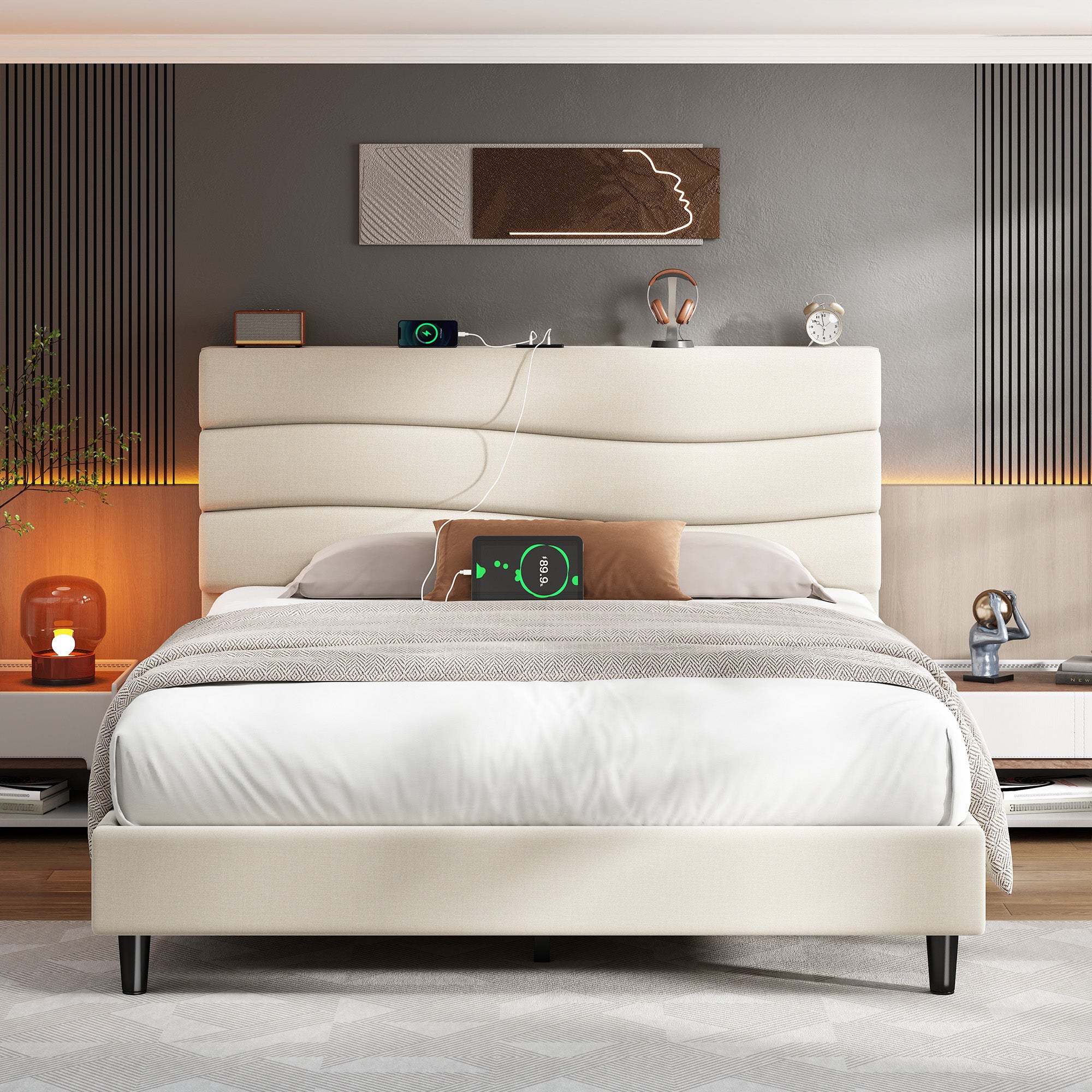 SnHomee Upholstered Bed Frame with Storage Headboard & Charging Station - USB Ports, Adjustable Fabric Headboard, Noise-Free Design, No Box Spring Needed, Back to School Beds On Sale