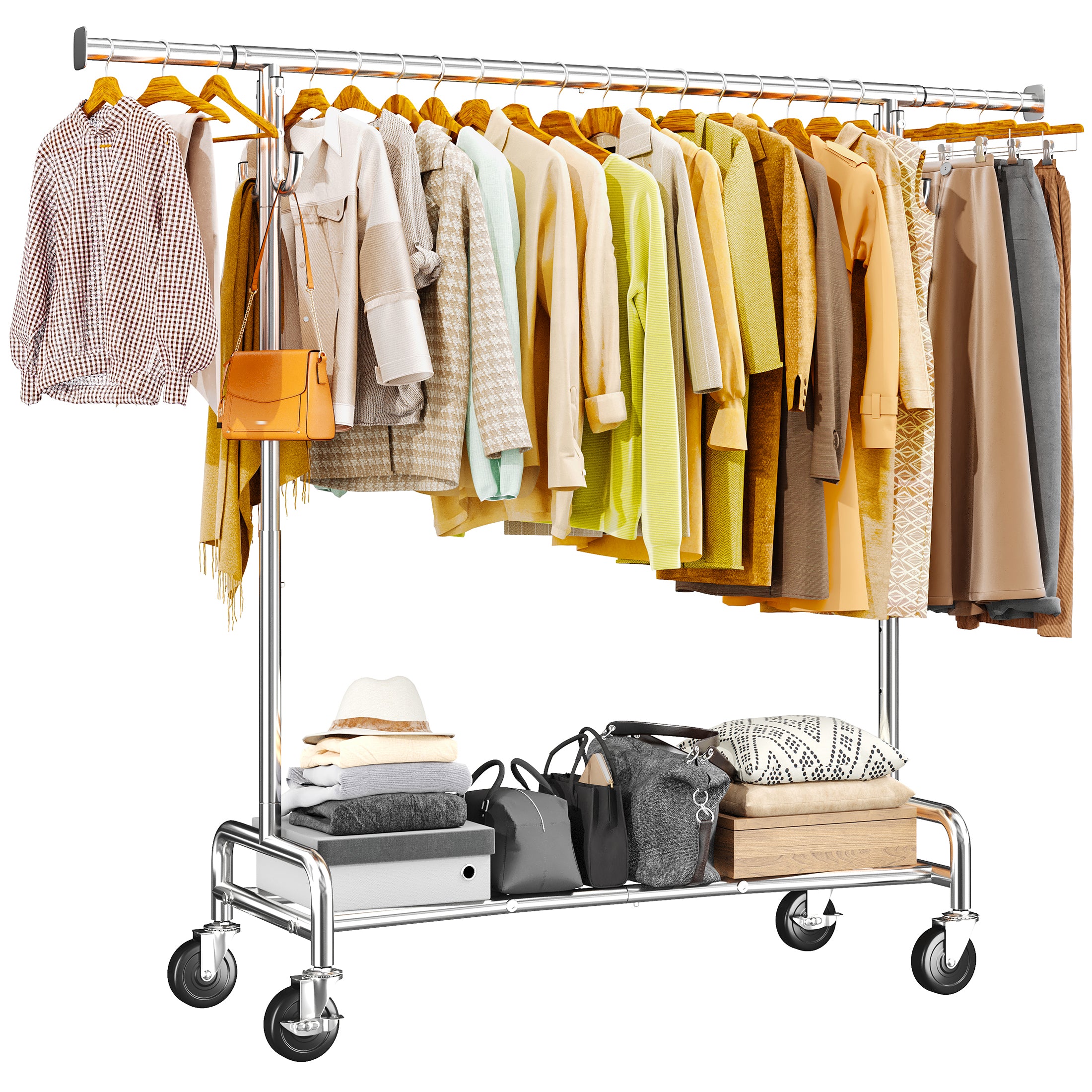 400LB Heavy Duty Rolling Clothes Rack | Adjustable Garment Rack with Wheels & Shelf | Portable Chrome Metal Frame for Commercial & Home Use-snhomee
