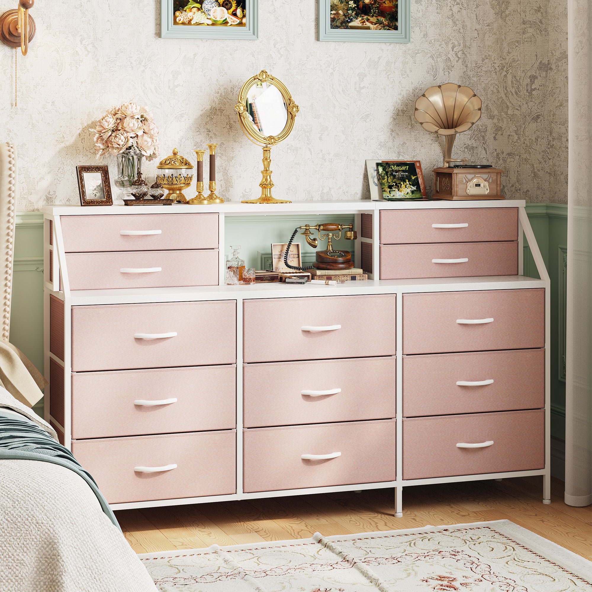 Girls Dresser Organizer: 55"W Dresser with 13 Fabric Drawers and 2 Open Shelves, Metal Frame & Wooden Top for Bedroom/Closet