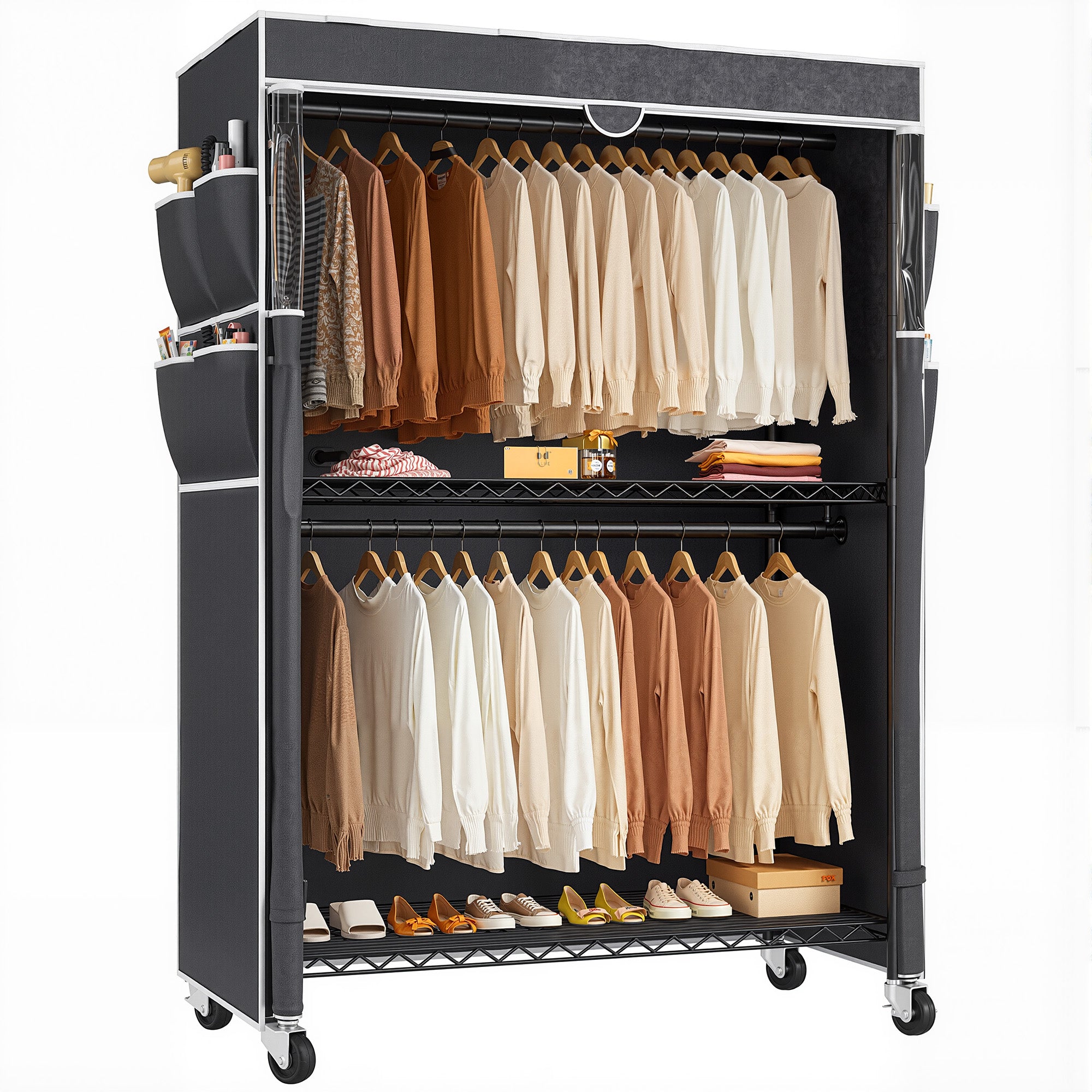 Snhomee 445LBS Heavy Duty Clothing Rack with Wheels Cloth Rack with Cover
