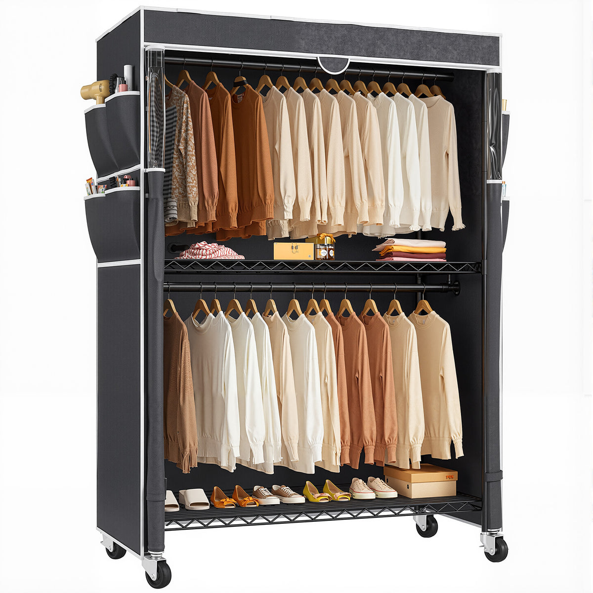 Snhomee 445LBS Heavy Duty Clothing Rack with Wheels Cloth Rack with Cover
