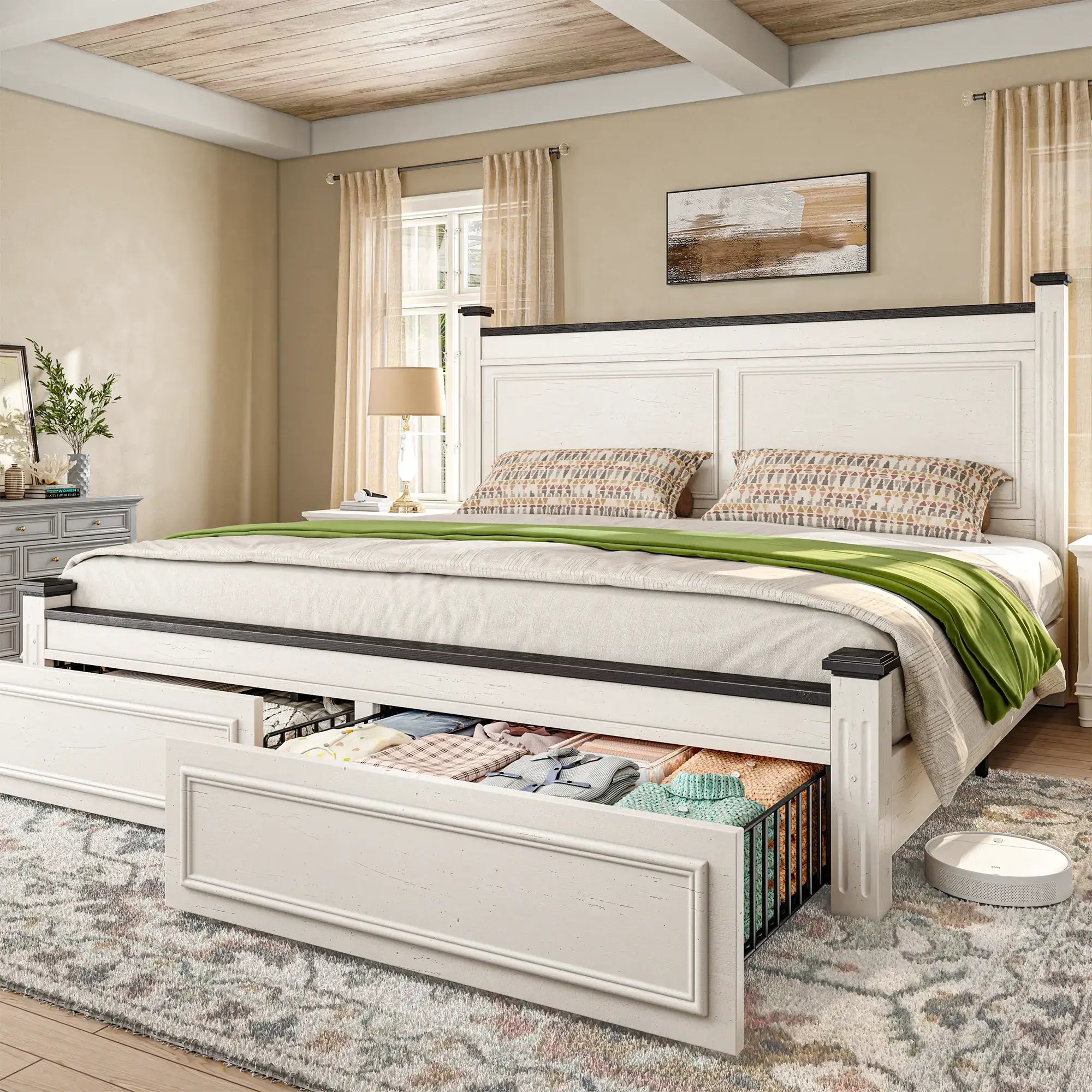 Snhomee Bed Frame with 51.25" H Headboard and Storage Drawers, Modern Bed Frame with Storage ,NO Noise, No Box Spring Needed, White