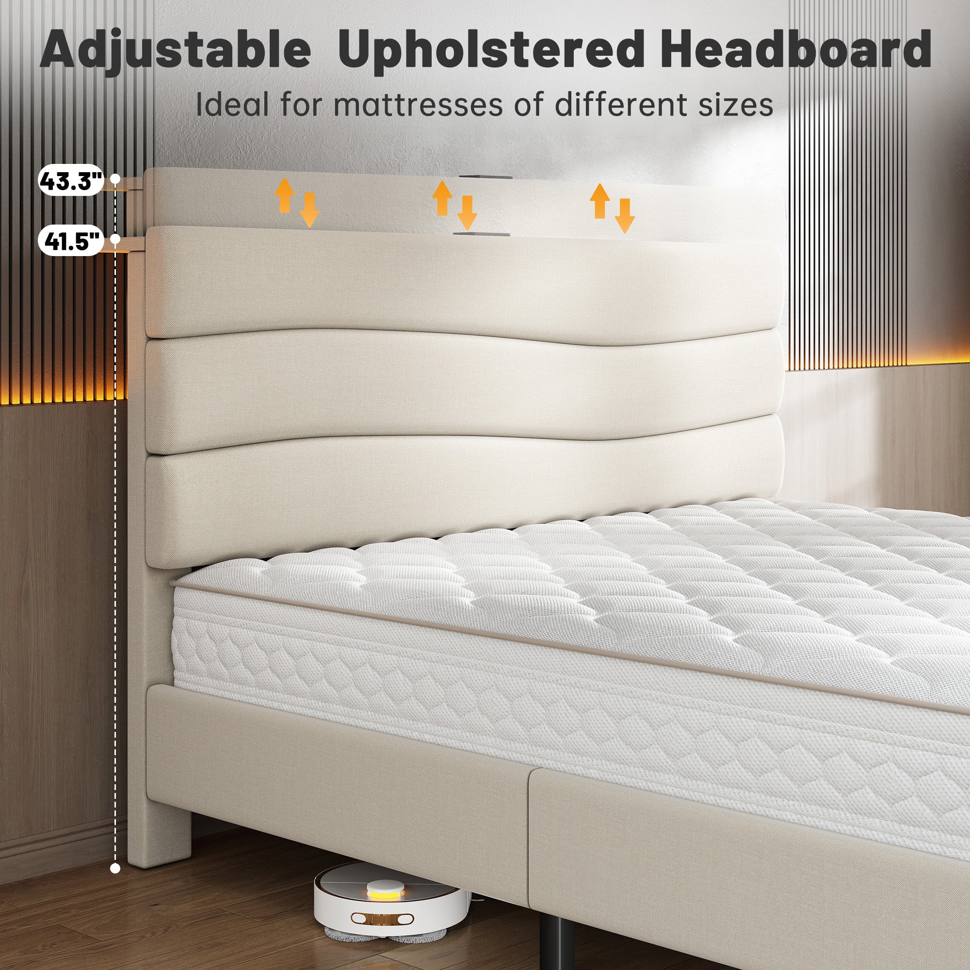 SnHomee Upholstered Bed Frame with Storage Headboard & Charging Station - USB Ports, Adjustable Fabric Headboard, Noise-Free Design, No Box Spring Needed, Back to School Beds On Sale