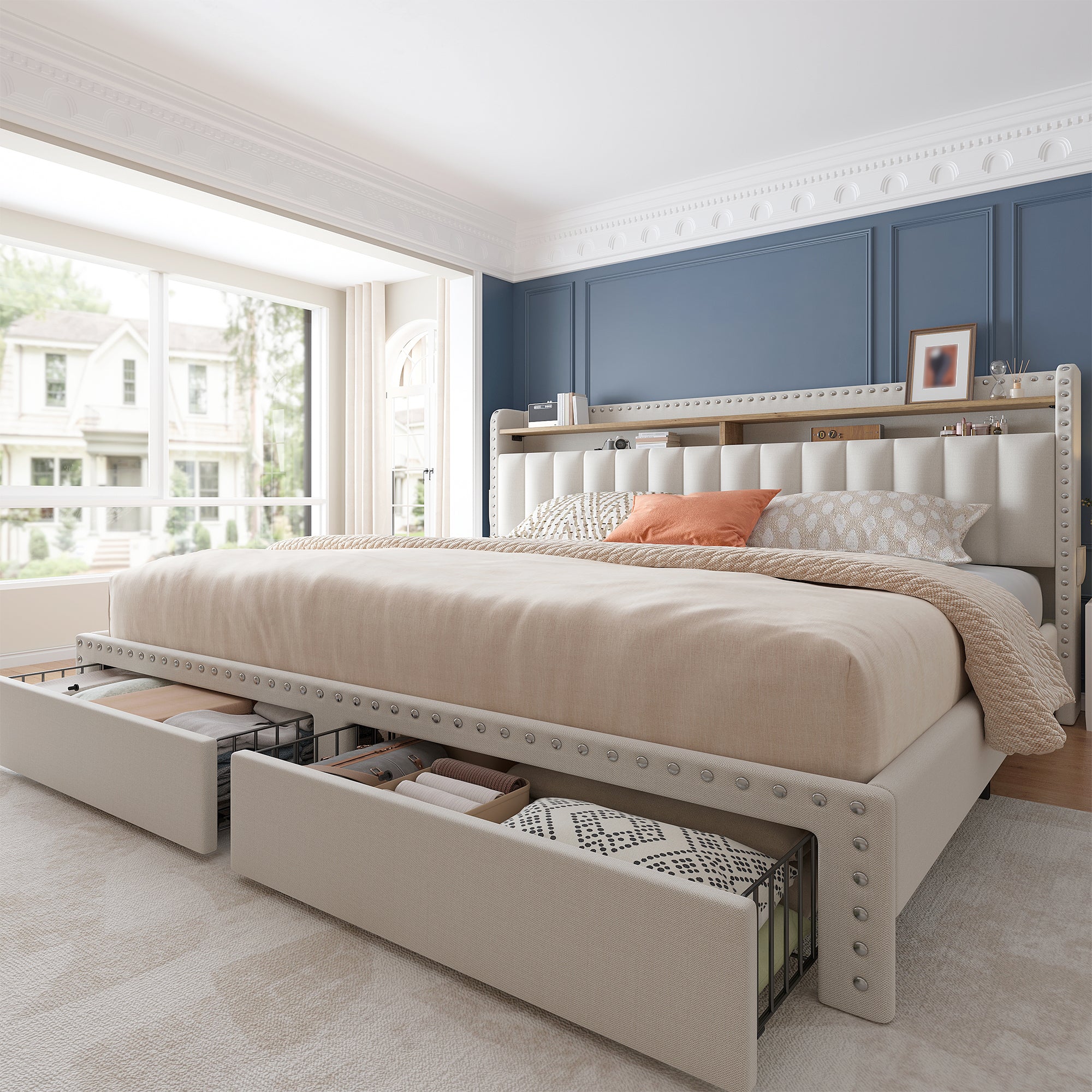 Metal Bed Frame with 2 Storage Drawers & Headboard - 900LBS Capacity, No Noise Design, Padded Platform, No Box Spring Needed, Back to School Beds On Sale