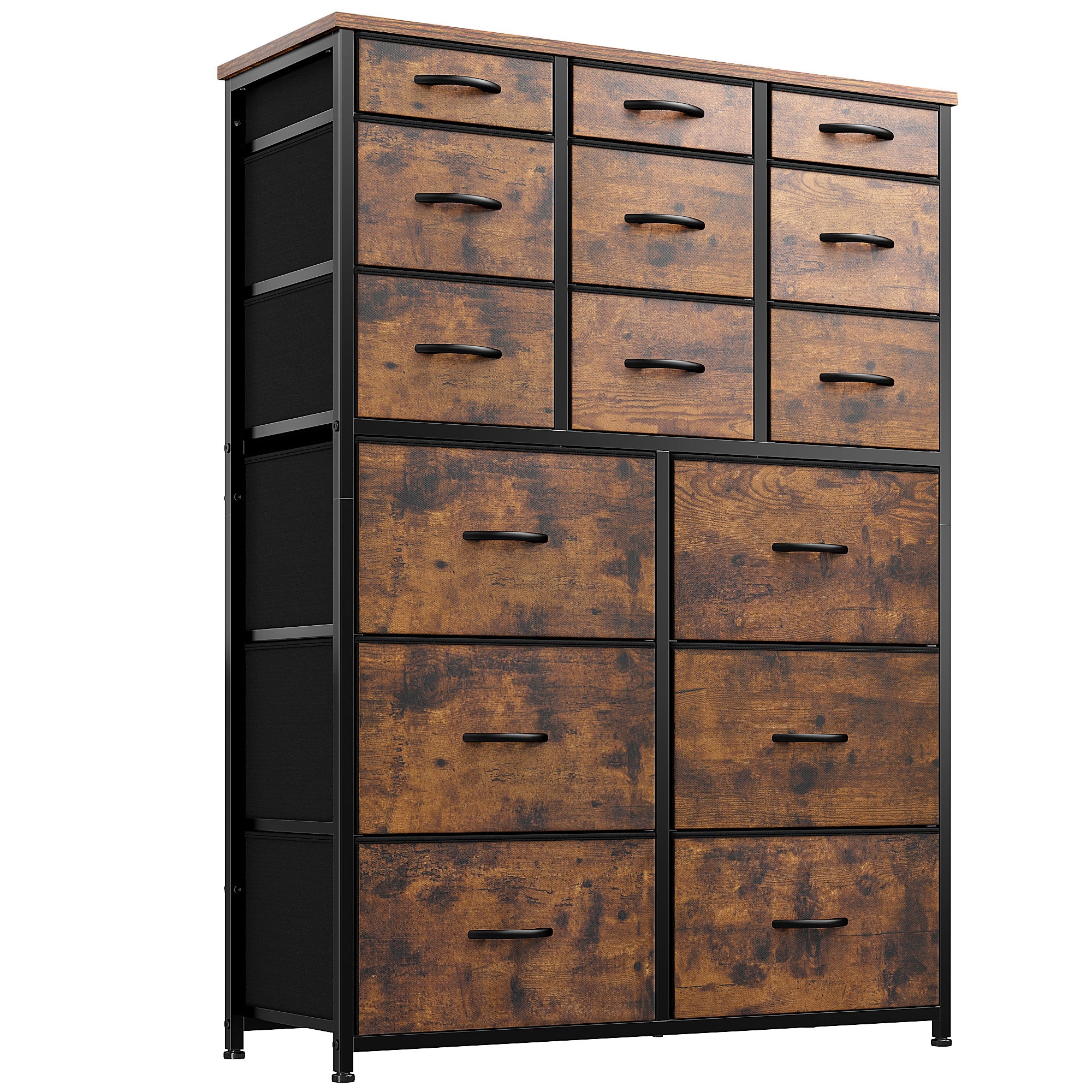 Dresser for Bedroom with 15 Drawers, Sturdy Metal Frame & Wood Top, Top Large Fabric Chest of Drawers, Closet, Livingroom-Furniture > Dresser-37.8"W x 11.8"D x 52.4"H-Rustic Brown-snhomee
