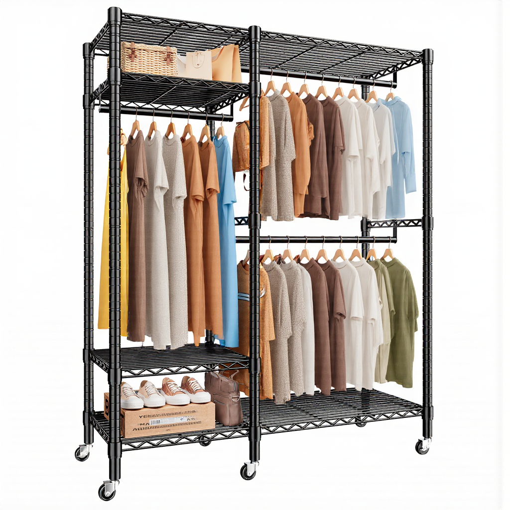 Snhomee 780lbs Heavy Duty Clothes Rack with Wheels, Freestanding Portable Closet, Rolling Garment Rack For Hanging-Home Storage > Clothes Rack-wheels-Black-snhomee
