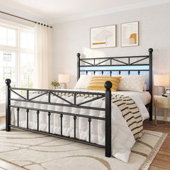 54" Queen Size Metal Bed Frame with LED Lights | Headboard & Footboard | Under Bed Storage & Noise-Free Design-Queen-Black-snhomee