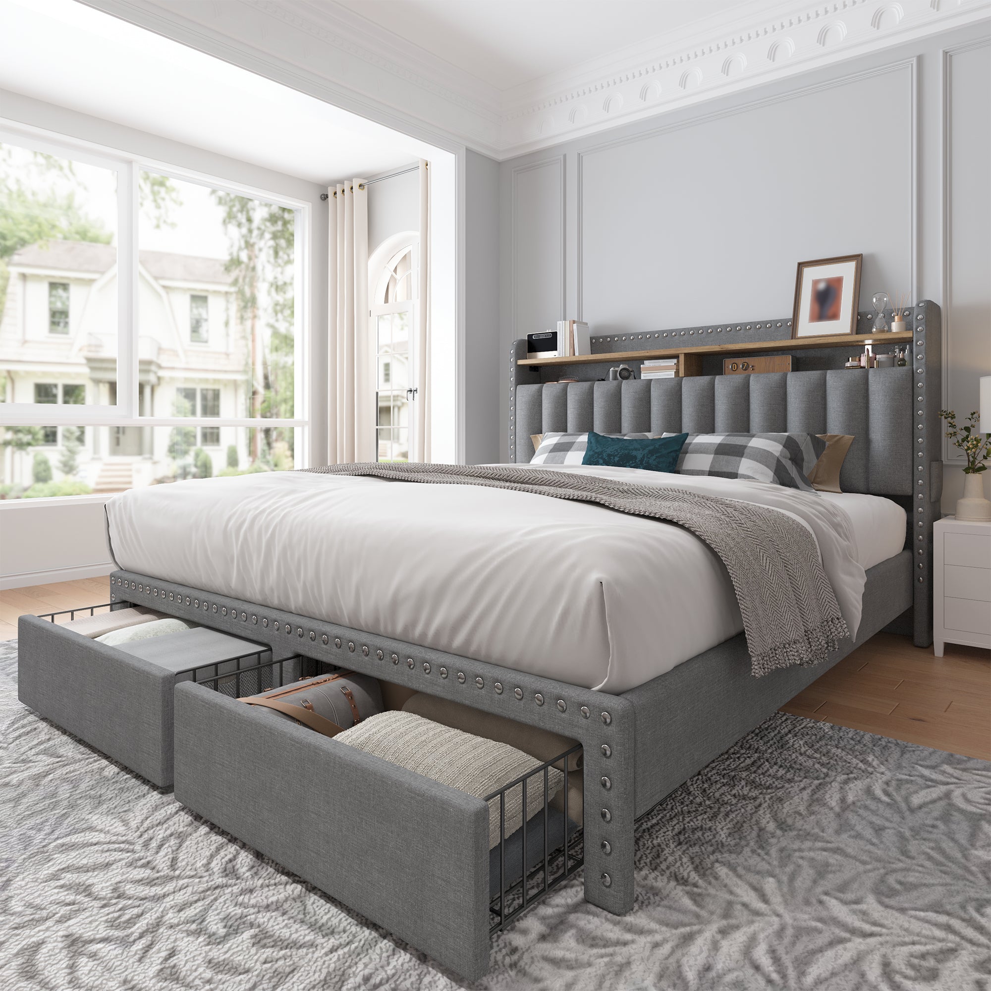 Metal Bed Frame with 2 Storage Drawers & Headboard - 900LBS Capacity, No Noise Design, Padded Platform, No Box Spring Needed, Back to School Beds On Sale