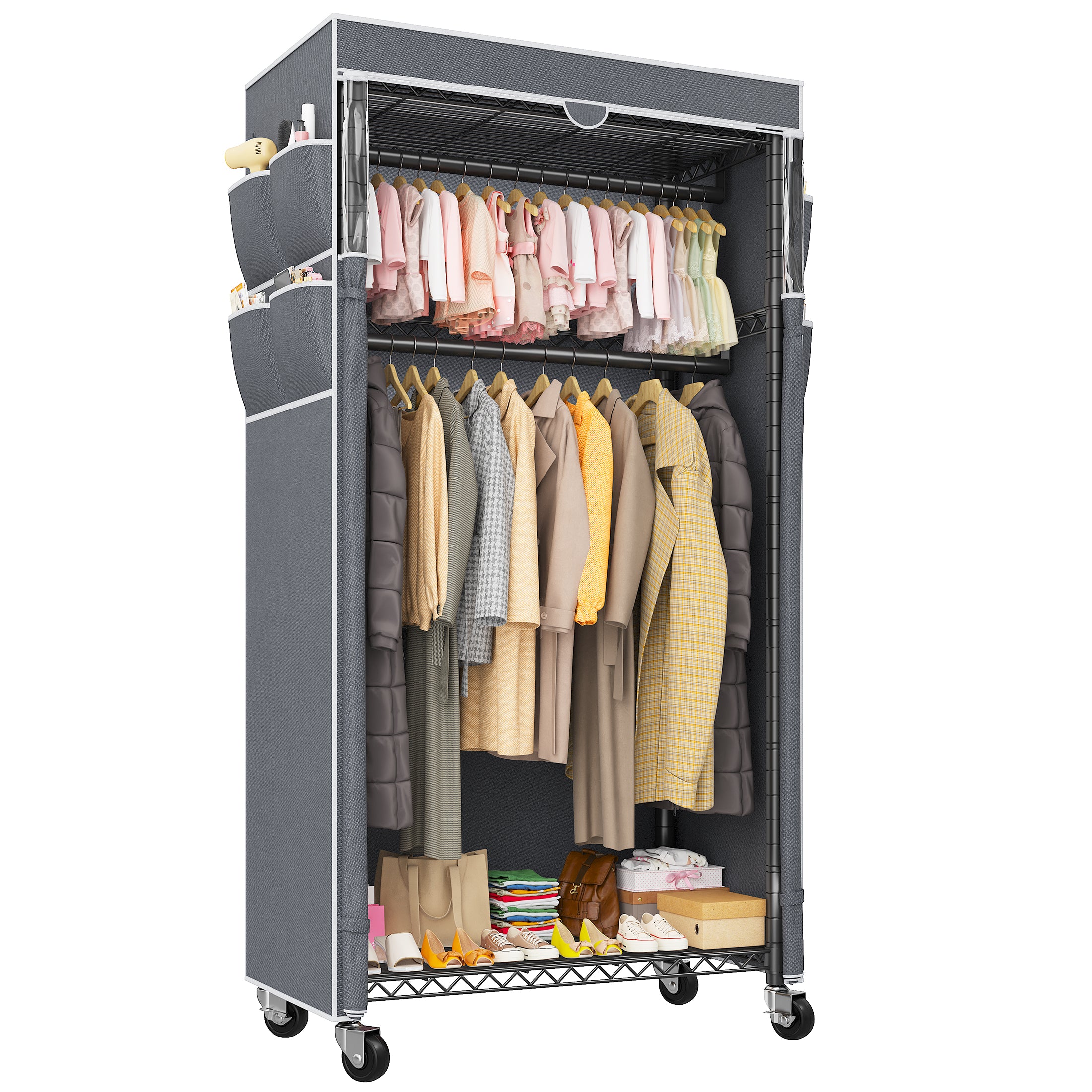 Heavy Duty Rolling Clothing Rack with Cover & Adjustable Height - Wheeled Garment Rack for Hanging Clothes, Portable Closet Organizer 35.5x15.7x79 Inches-Black-snhomee