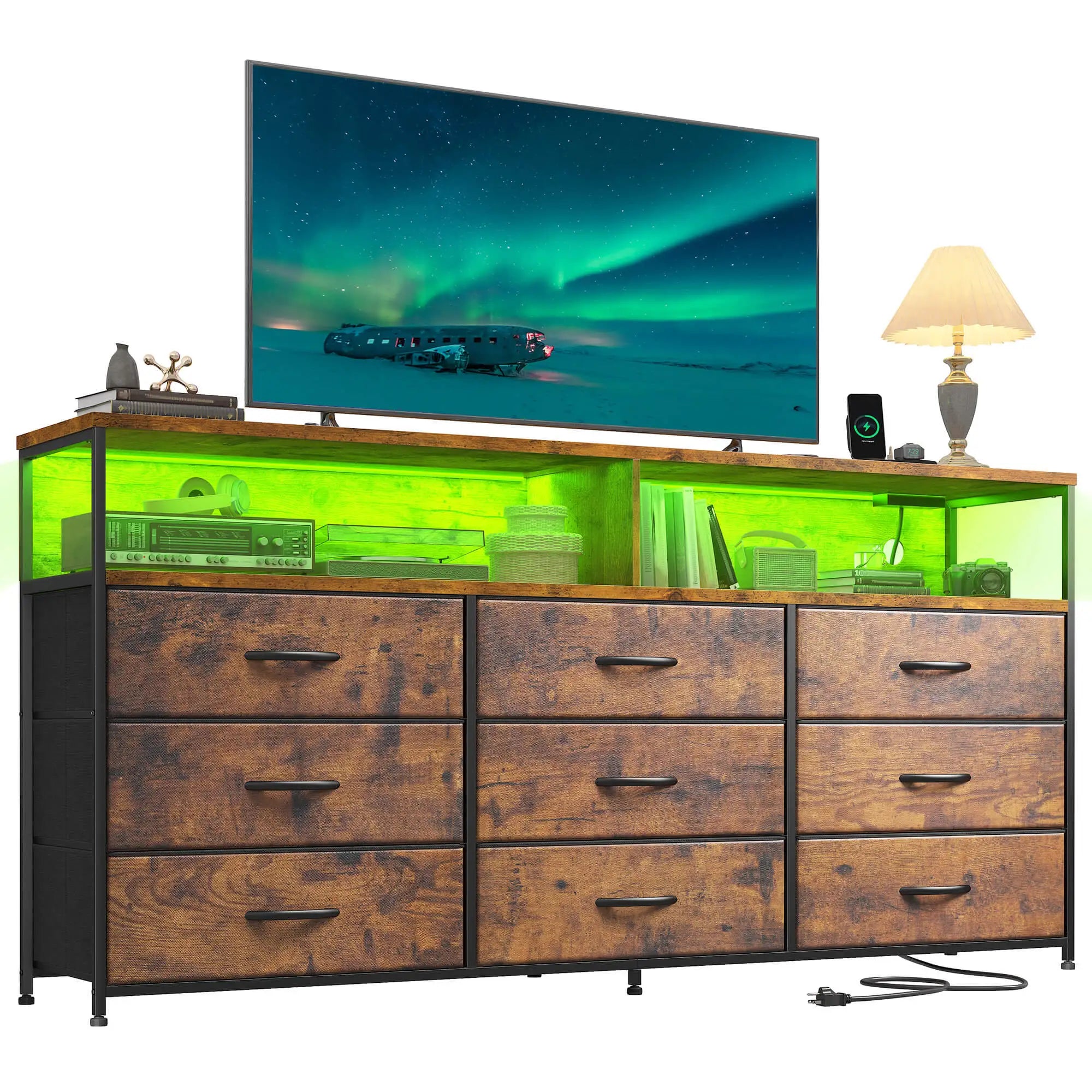 Snhomee Dresser TV Stand with 9 Drawers & Charging Station– 55" Wide Media Console LED lights & Wood Shelves for Bedroom, Living Room, or Dorm