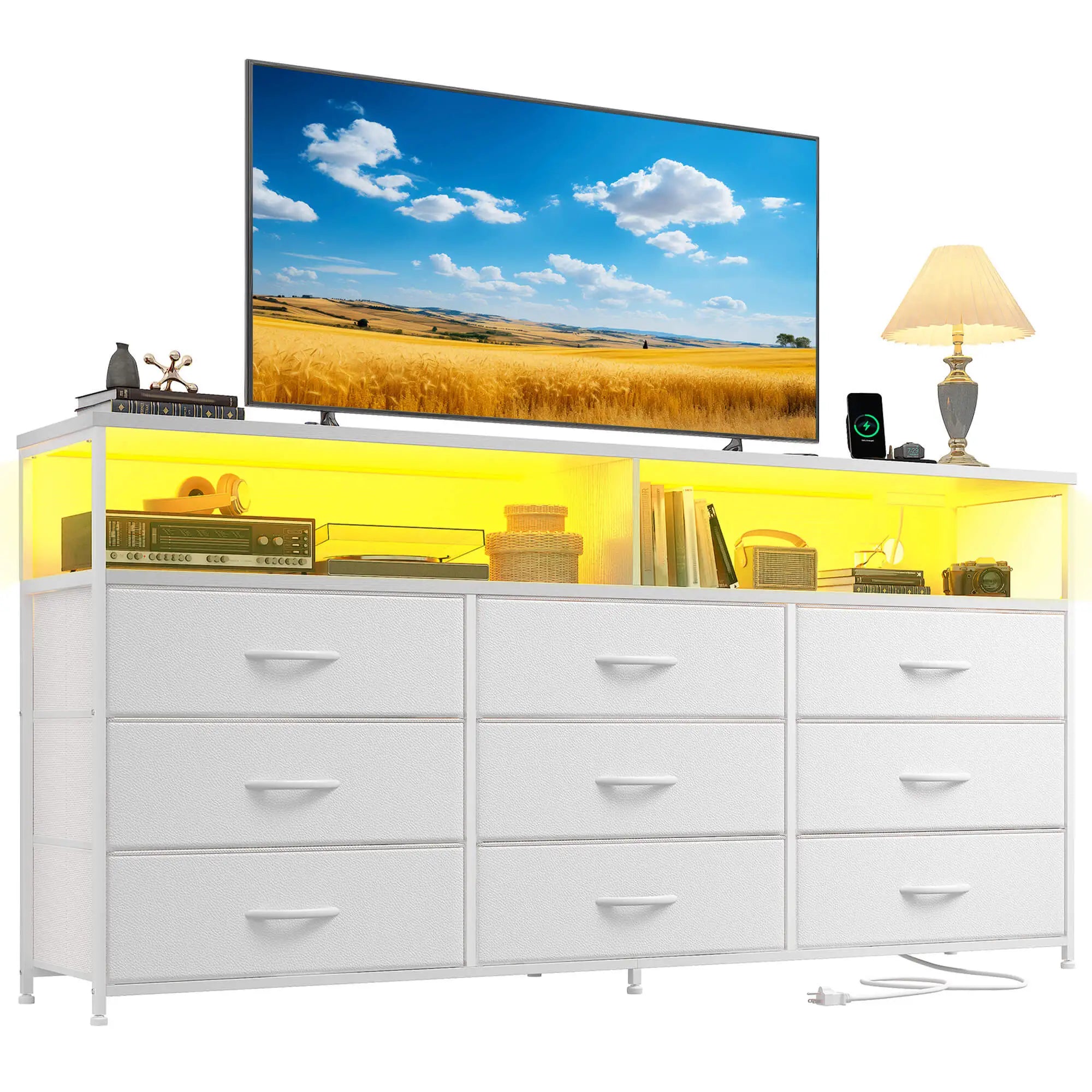 Snhomee Dresser TV Stand with 9 Drawers & Charging Station– 55" Wide Media Console LED lights & Wood Shelves for Bedroom, Living Room, or Dorm