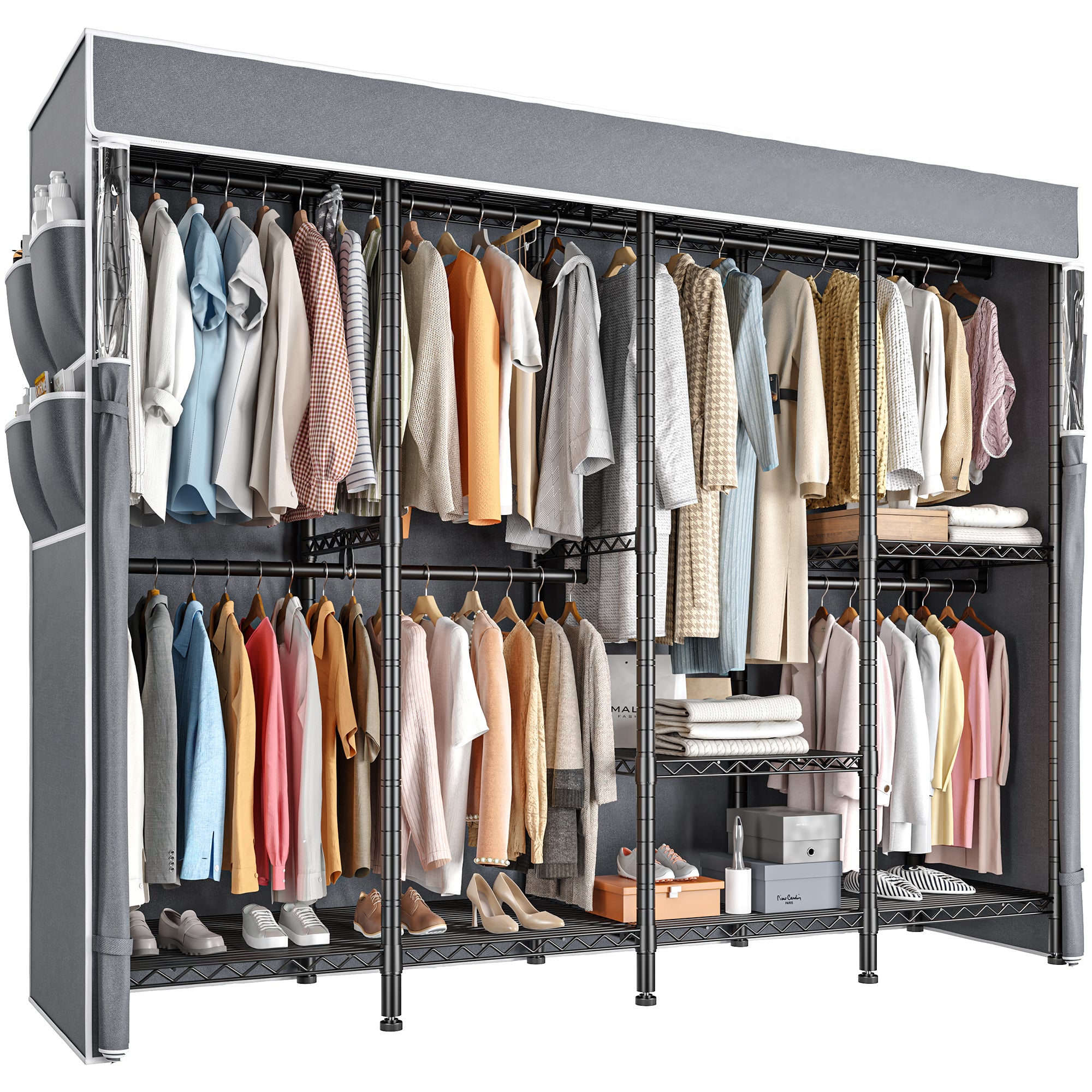 76" Heavy Duty Clothes Rack with Cover | 1150LBS Capacity Wardrobe Closet & 5 Hanging Rods | Space-Saver for 200+ Garments-Black-Clothes Rack with Cover-snhomee
