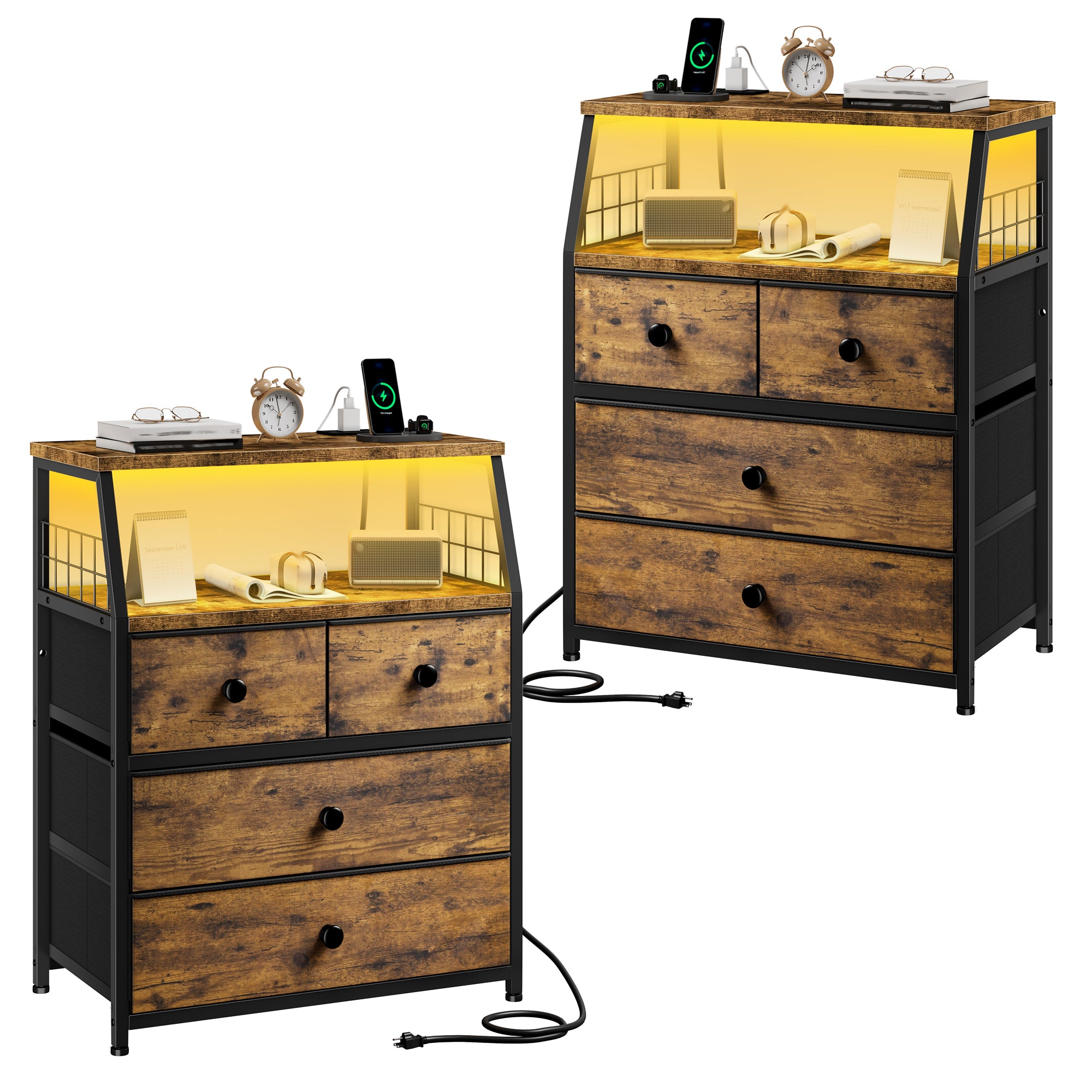 LED Nightstands with Charging Station: 4 Fabric Drawers, USB Ports & Outlets for Bedroom-Rustic Brown-2-snhomee